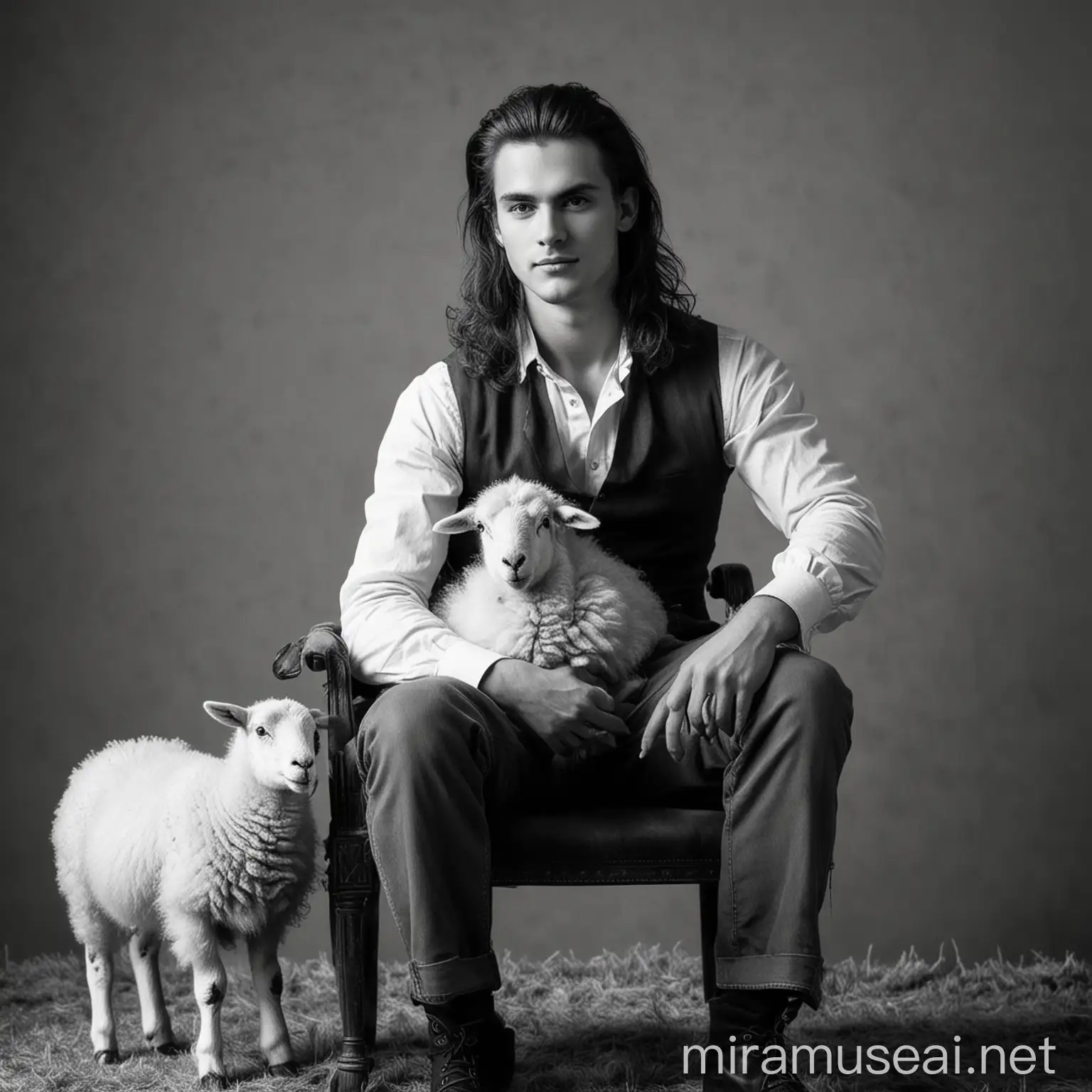 Handsome young man without beard, long hair, sitting on a chair, with sheep around his feet, black and white photo
