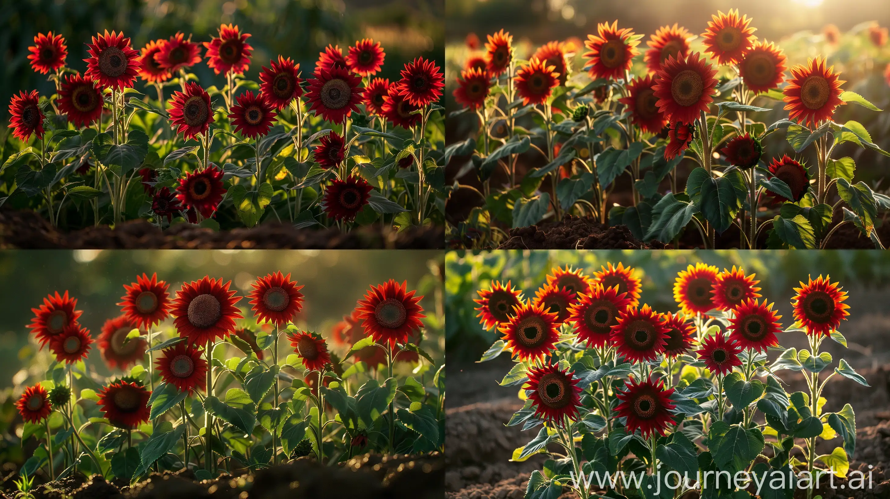 A captivating photograph capturing a red sunflowers in full bloom, their vibrant petals contrasting against the verdant foliage. The sun, casting a warm, golden glow, bathes the scene in a serene ambiance, illuminating the intricate details of each flower. The composition centers on a cluster of these crimson beauties, their towering stems swaying gently in the breeze. The rich, earthy tones of the soil provide a natural backdrop, enhancing the vividness of the flowers. The image evokes a sense of tranquility and natural beauty, inviting viewers to immerse themselves in the splendor of the floral landscape. --ar 16:9