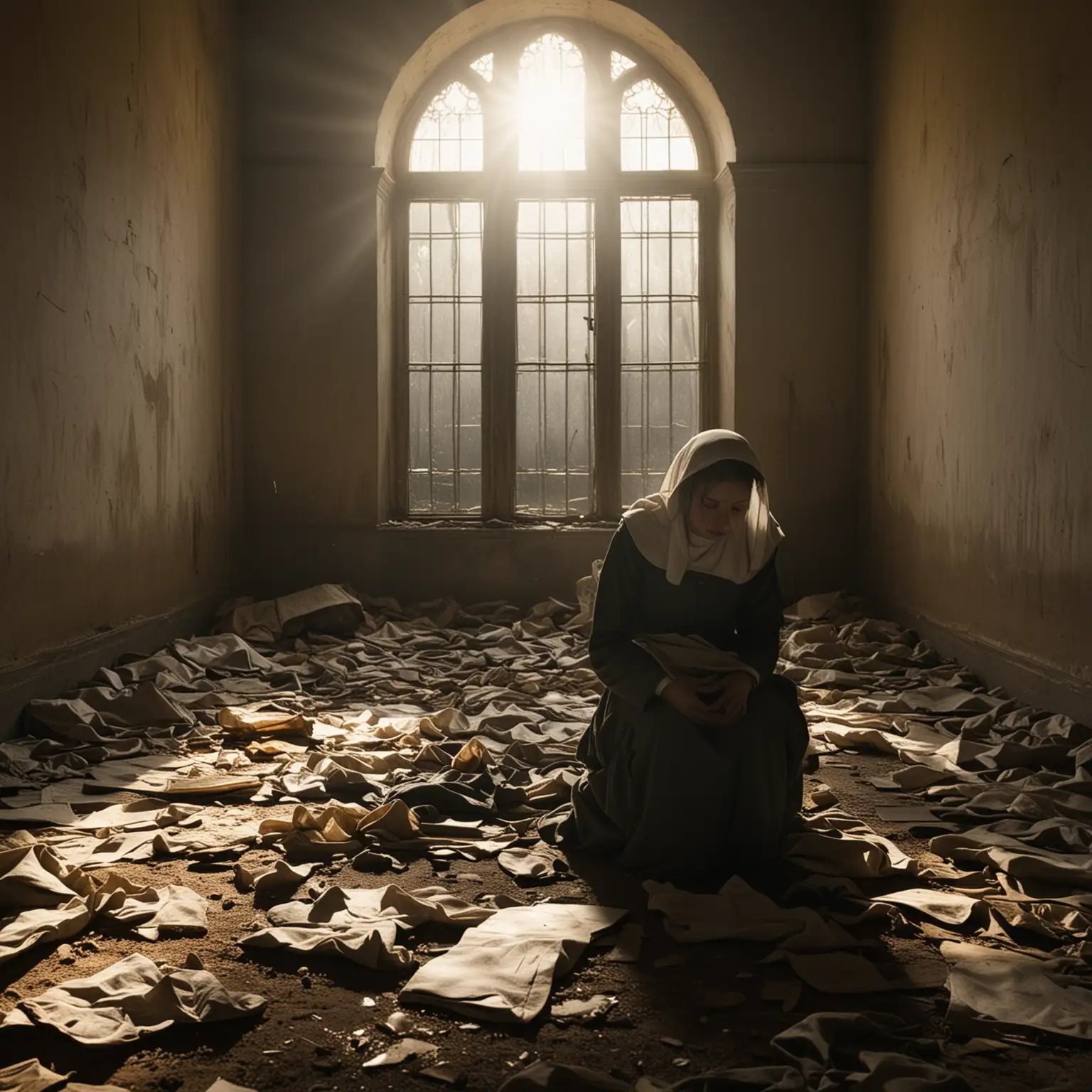 Woman Exiting Haunted Convent in Morning Sunlight