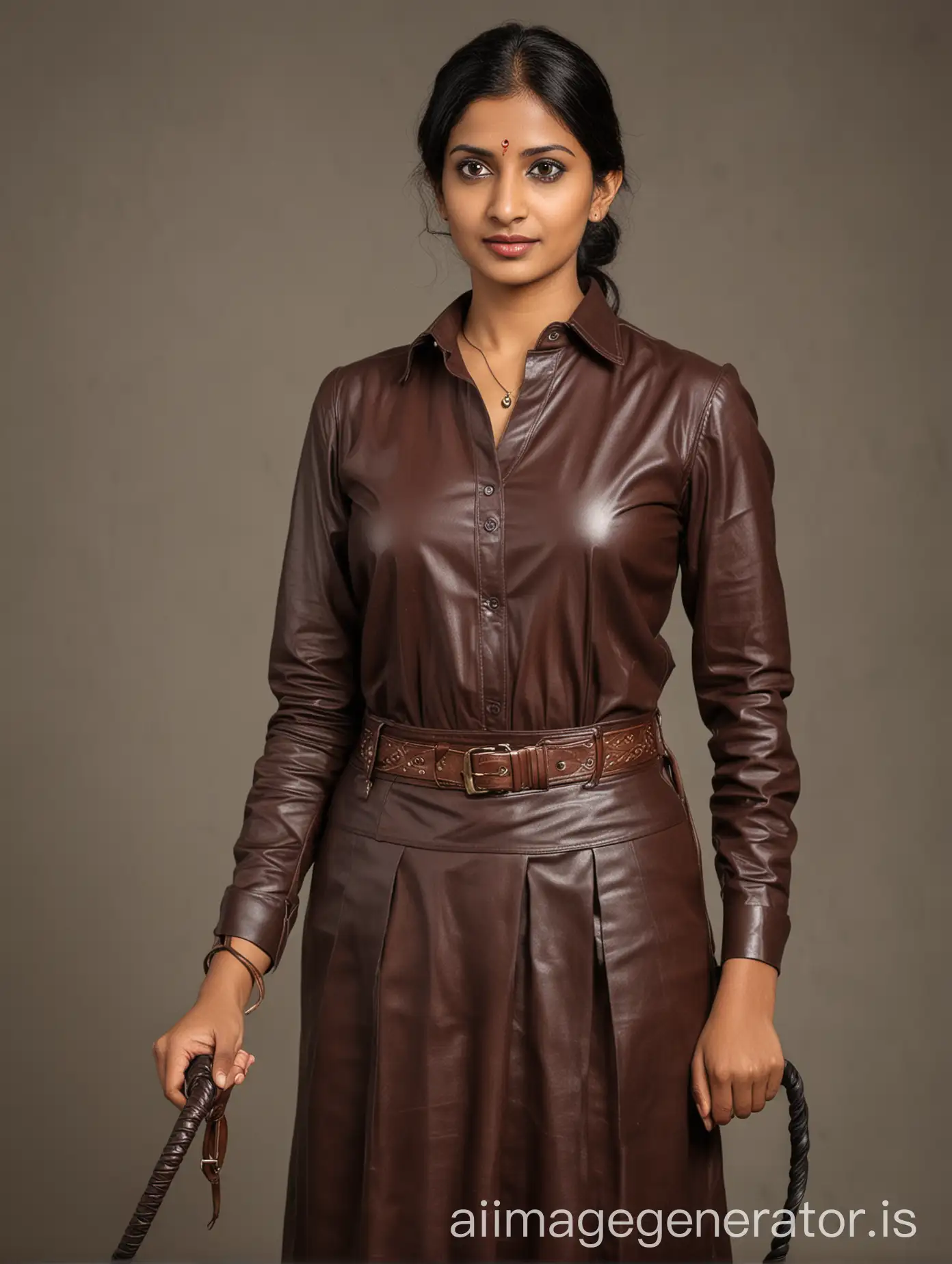 Indian teacher with leather whip in her left hand