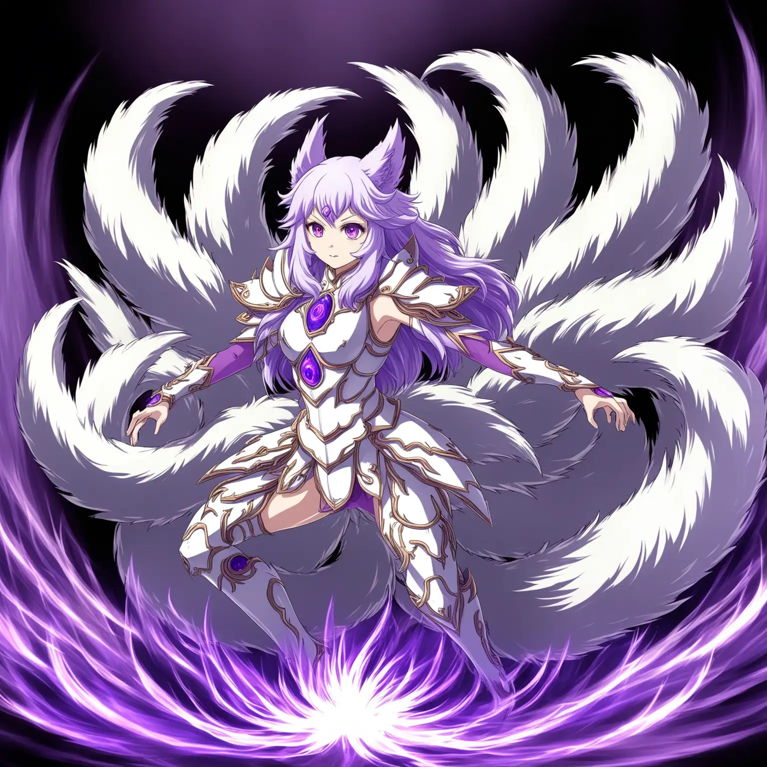 Anime girl, beastkin, purple eyes, white fur, purple aura, nine tails, dynamic pose, white armor