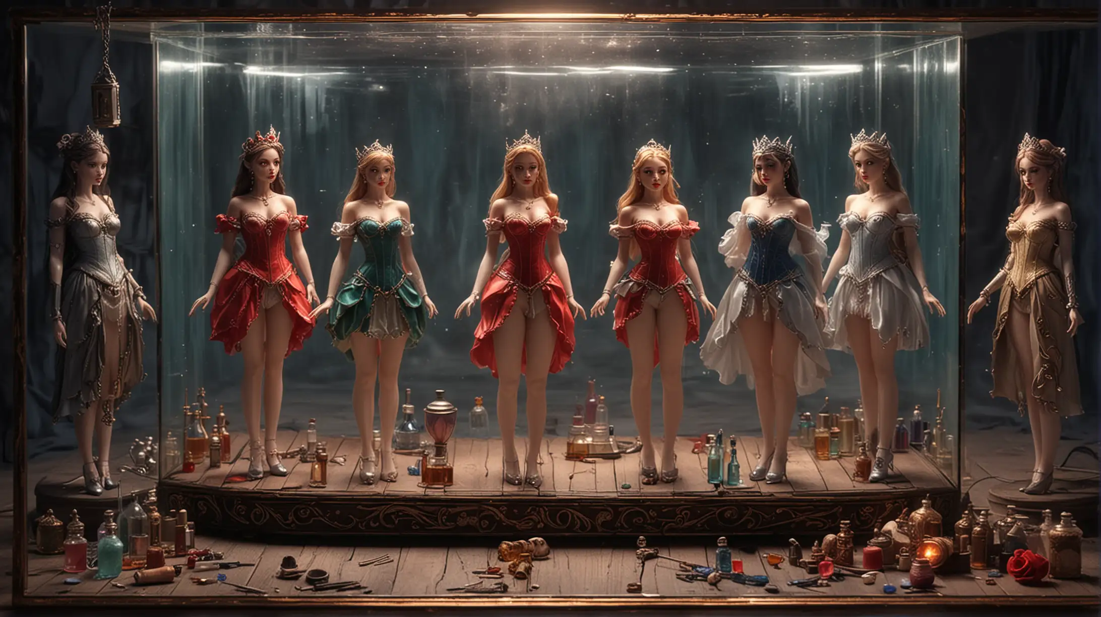 Subject: several 1/4 size princesses fully inside  (((miniature glowing glass box)))
Background/Setting: The scene is an alchemist's lab with vials, potions, test tubes, and a ((( miniature glowing glass box))) on the table with several 1/4 size princesses inside.
Style/Coloring: The image is highly detailed, likely featuring intricate designs on the lingerie and elegant backgrounds.
Action: Several 1/4 size princesses is mesmerized facing a dark character. Her posture and expression convey resignation to her new fate.
Items/Costume: The 1/4-size elf princesses are wearing erotic bras and thongs of various colors, with accessories such as earrings, a collar, a tiara, a garter belt, stockings, and high heels. They are wearing red lipstick and heavy makeup, which contributes to their royal and seductive appearance.  