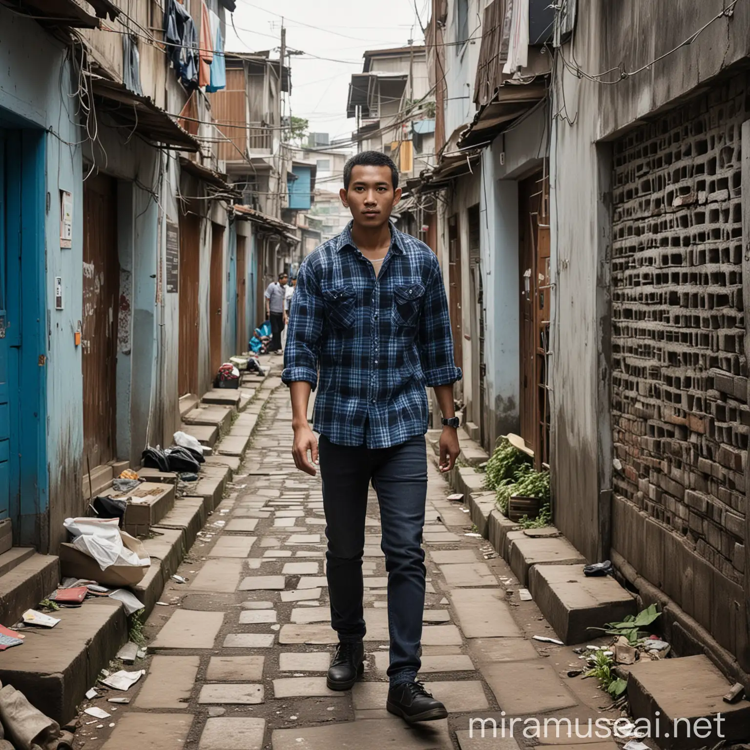 Realistic photography, a masterpiece, a man from Indonesia, (athletic body), detailed face, buzz cut hair, wearing a black and blue checkered flannel shirt, white t-shirt, black jeans, shoes, stylishly standing, carrying a journalist's video camera, facing the audience. Amidst the hustle and bustle of Jakarta, Indonesia, the homes of residents in slum areas emerge as real evidence of the complexity of urban life. Narrow winding alleyways weave through a labyrinth of temporary dwellings, built from recycled materials. The structures, narrow yet robust, lean against each other, forming a blend of simple living spaces.