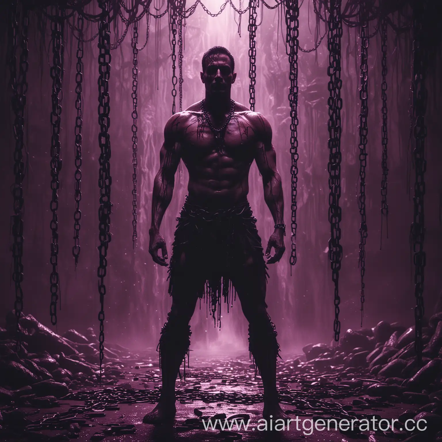 человек в тени, мускулистый страшный агресивный, фон красно фиолетово чёрный тон, водопад из крови и много цепей к которым привязаны скелеты