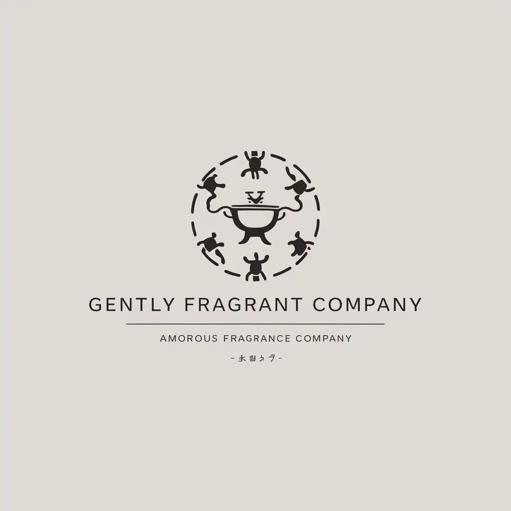 a logo design,with the text "Gently Fragrant Company", main symbol:Chinese style, round shape, 5 people circle, central high-footed cup, below 'amorous fragrance company',Minimalistic,clear background