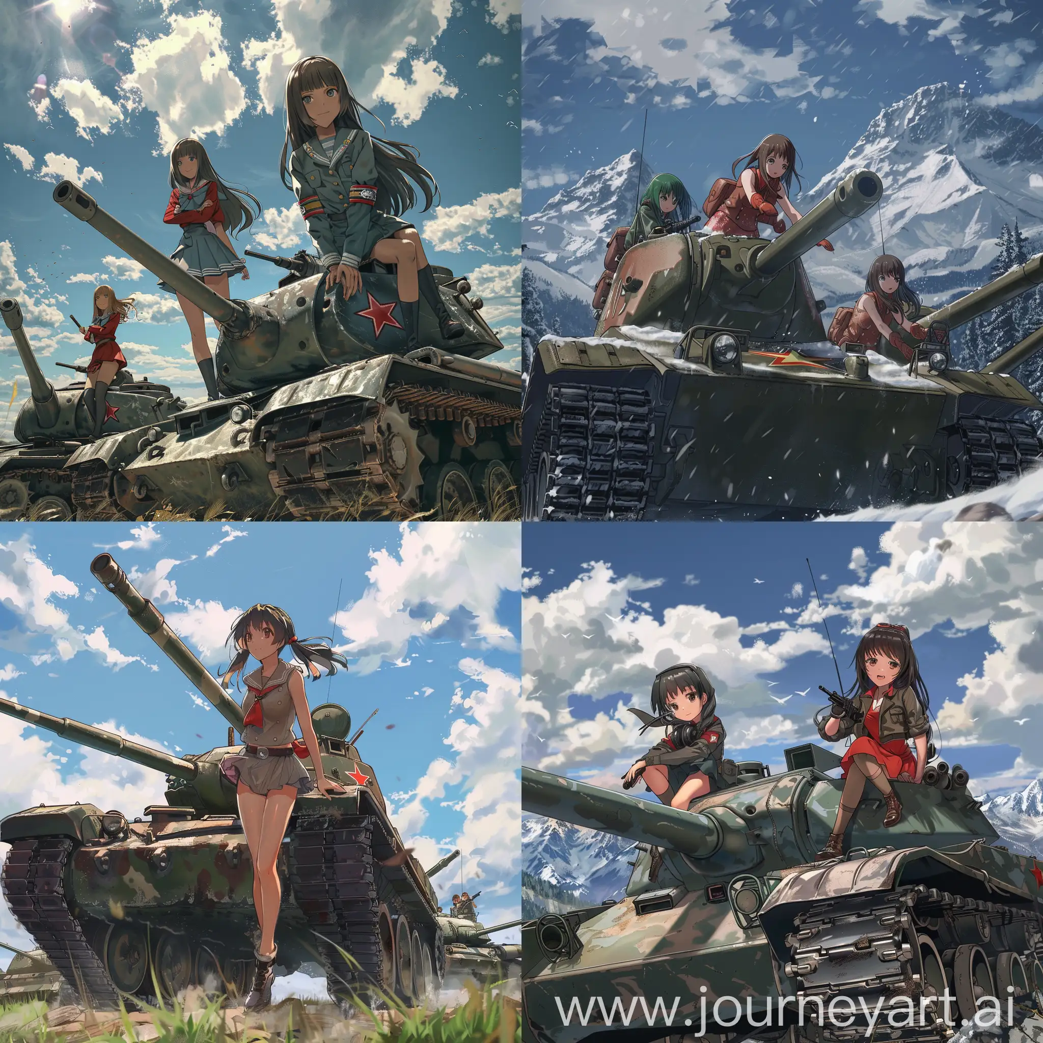Anime-Girls-Riding-Soviet-Tanks-Fantasy-Illustration-Artwork