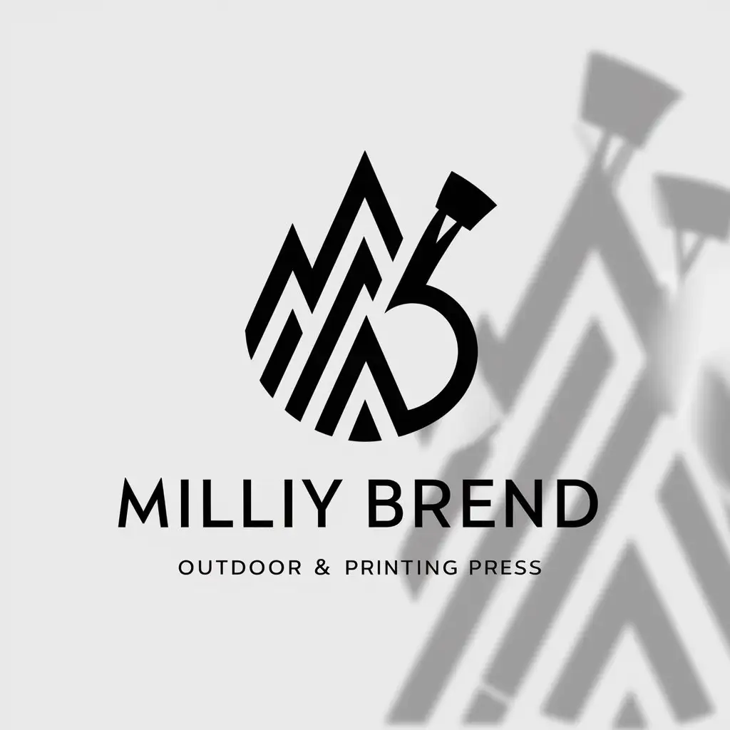 a logo design,with the text "MILLIY BREND", main symbol:outdoor advertising and pechat printing must be blurred, which has penetrated the tip of the name for the printing press,complex,clear background