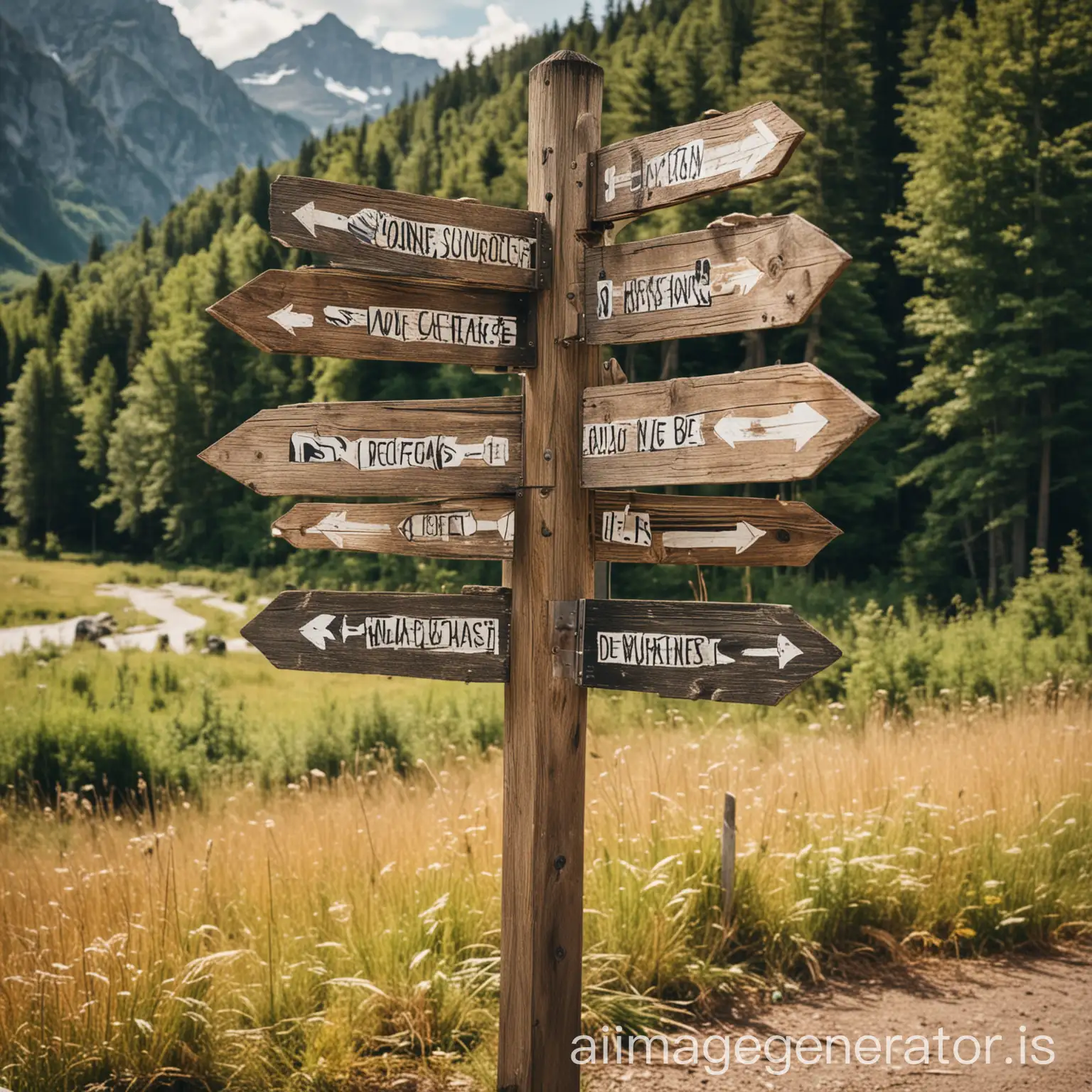 A signpost with multiple arrows pointing in different directions in a scenic outdoor setting.
