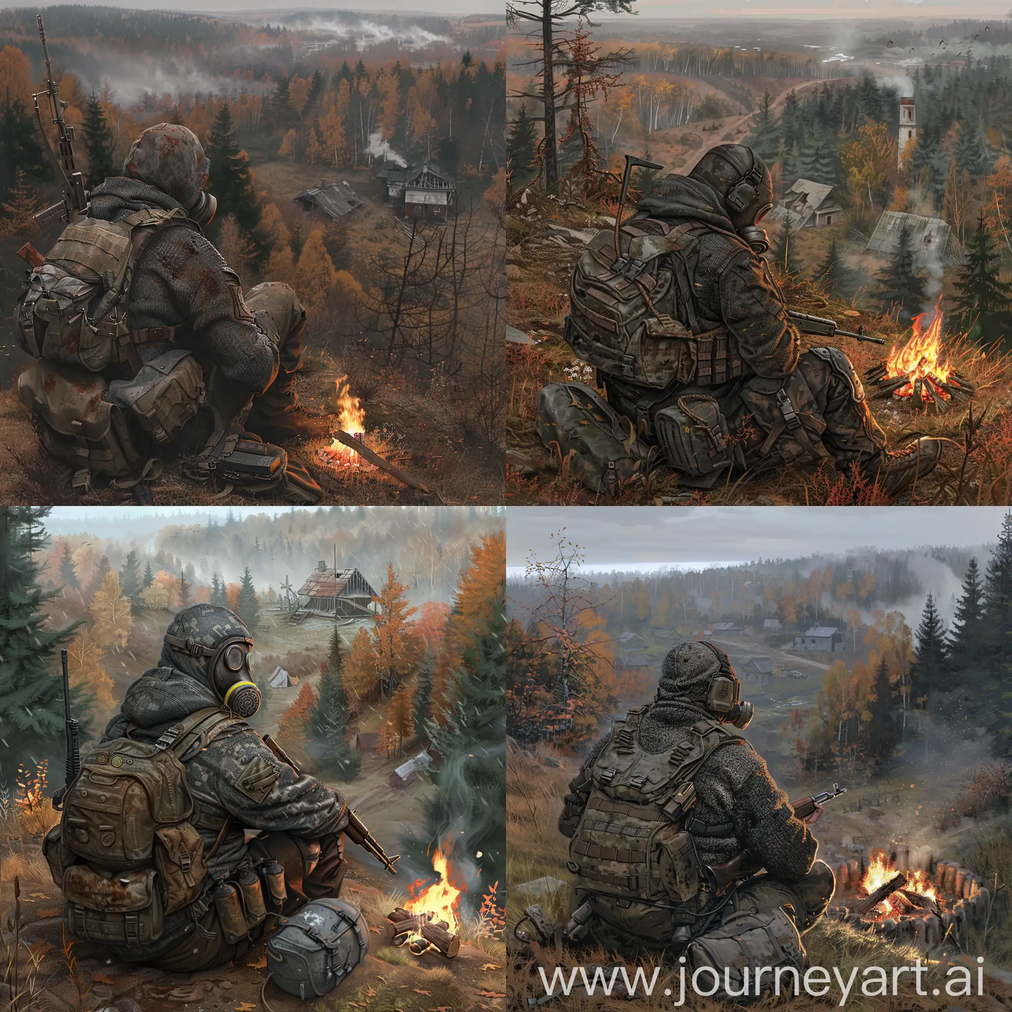 Stalker art, stalker are sitting on a hill by a campfire, stalker is wearing a Soviet dark gray dirty sweater, military unloading is worn over the sweater, over the sweater is a dirty brown jacket with military unloading and armor, a gasmask on his face, he has a rifle in his hands, a small gray backpack on his back, the weather is gloomy autumn, from the hill, where the stalker are sitting, there is a view of the forest and an abandoned Soviet village standing in the distance.