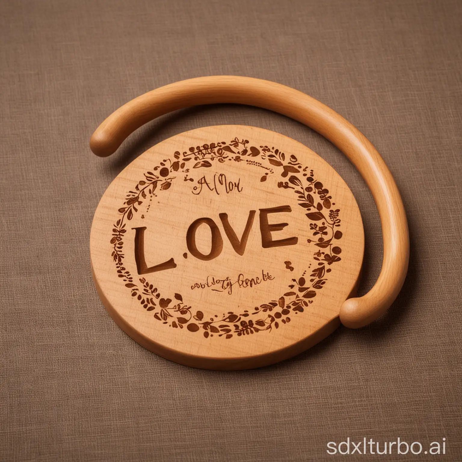 a wooden round handle, has a logo, written LOVE, font square