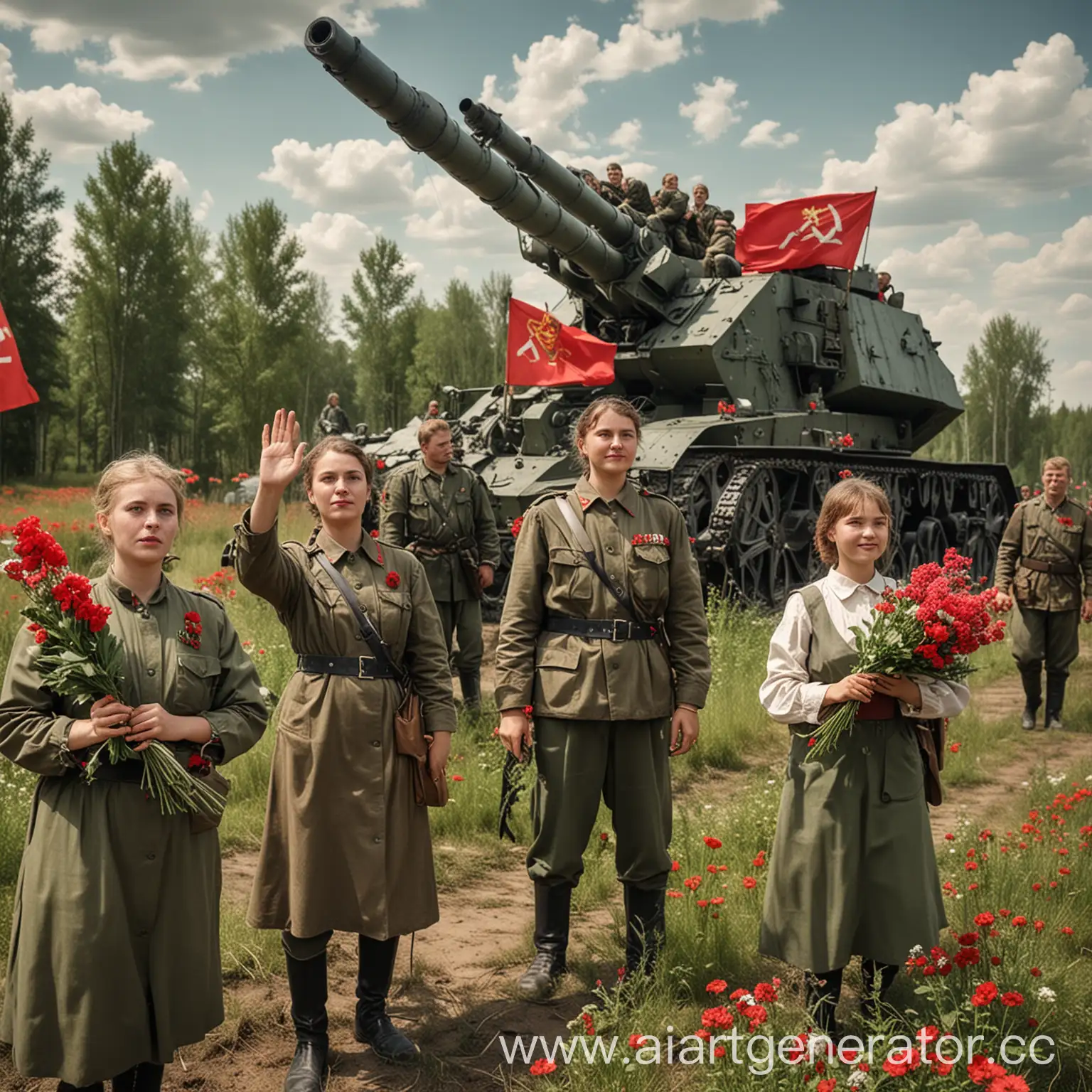 Сгенерируй картинку советских времен для праздника 3 июля освобождение беларуси  на картинке должно быть изображено катюша (артилеийское орудие) и семья  с цветами в руках которые смотрят на катюшу