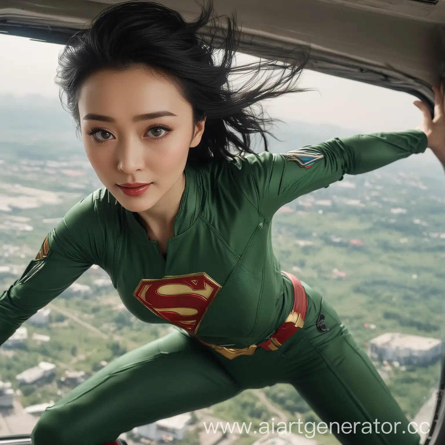 Professional-Pilot-in-Green-Uniform-Flying-with-Superhero-Fan-Bingbing-in-Superman-Suit