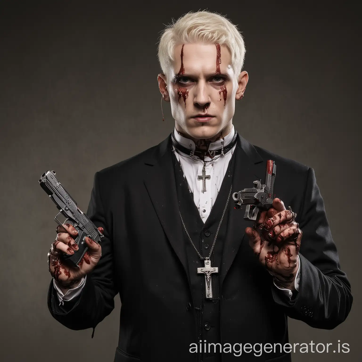 A person with white skin, wearing a black suit, who identifies as Christian, has a cross necklace around their neck, holds a 1911 pistol in one hand pointing towards us, and has a cross on the other hand covered in a lot of blood