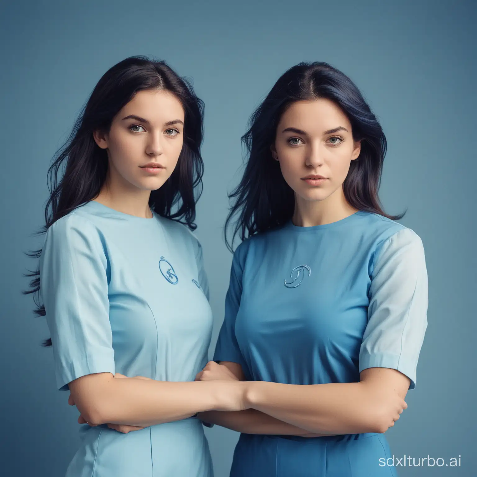 Take a photograph of two women who embody the Gemini zodiac sign, in a palette of blue colors, waist-up view
