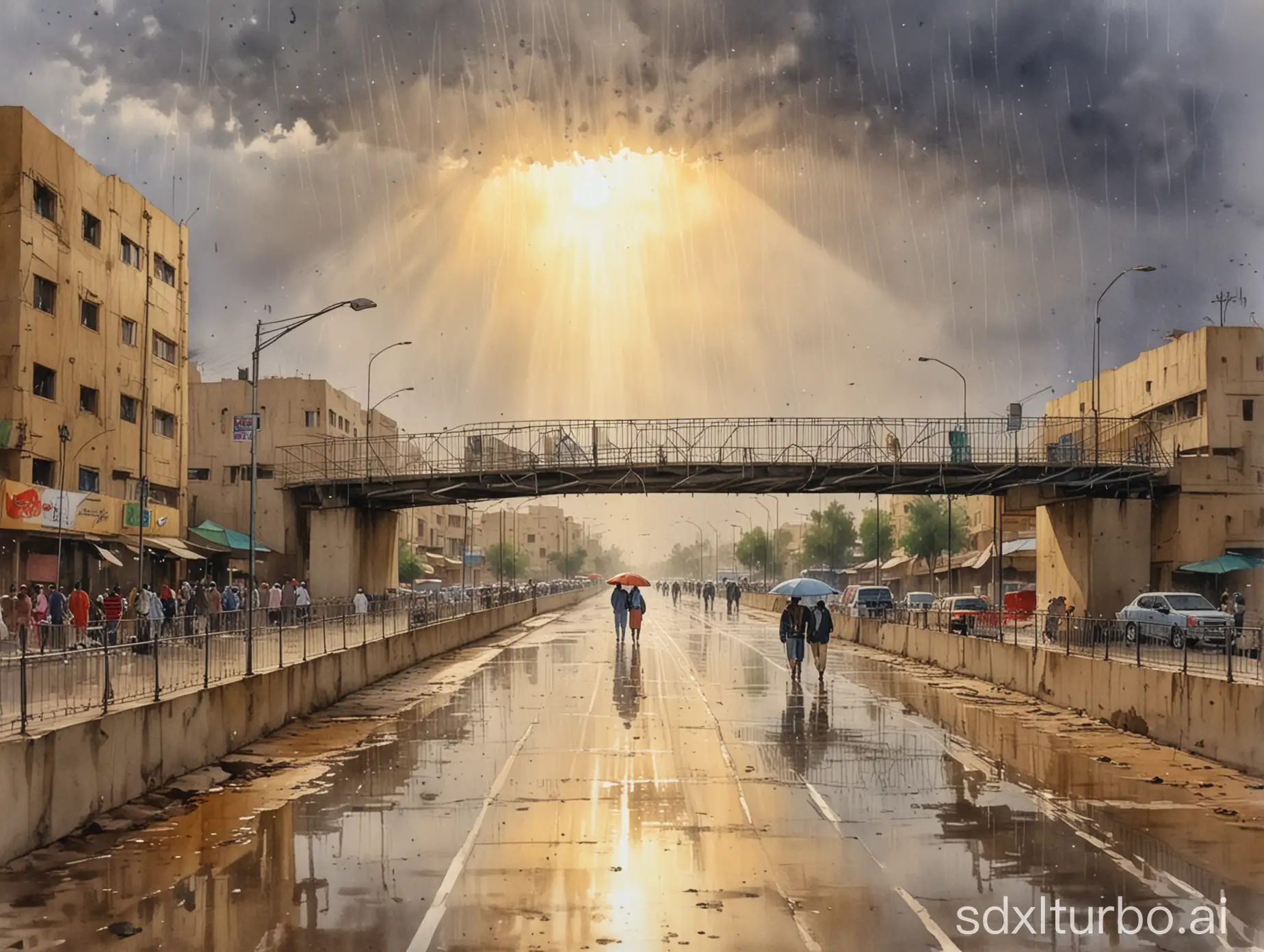 Baghdad city, rainy day, god rays, pedestrian bridge over a busy street, watercolor