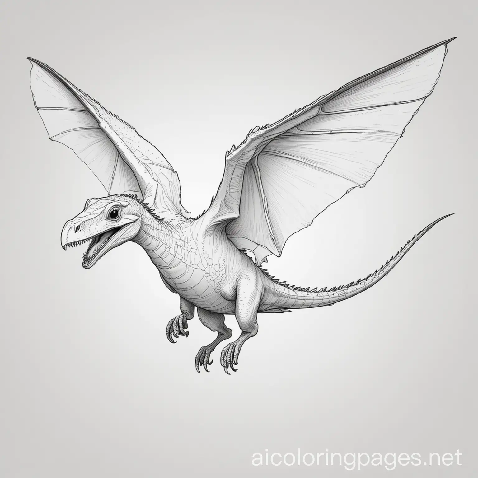 Smiling Pterodactyl with wide wings, Coloring Page, black and white, line art, white background, Simplicity, Ample White Space.