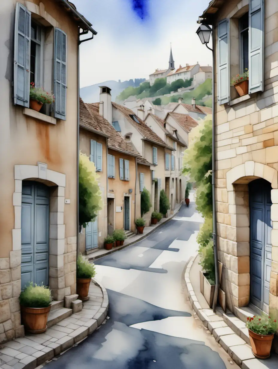 generate a pinting in watercolor style about a french village street with grey stone houses