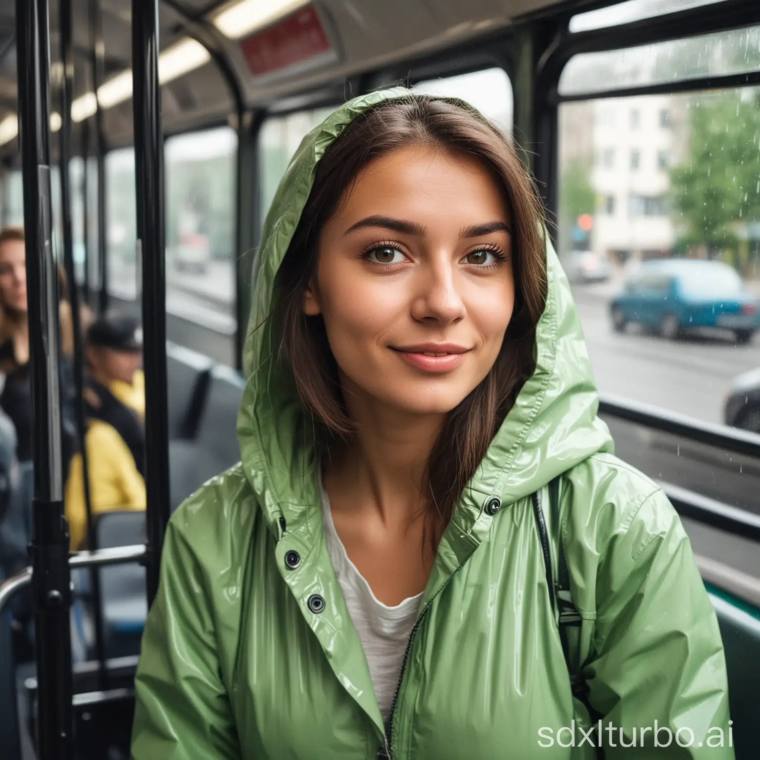 Stylish-Woman-in-Green-Raincoat-Enjoys-Berlin-Bus-Ride