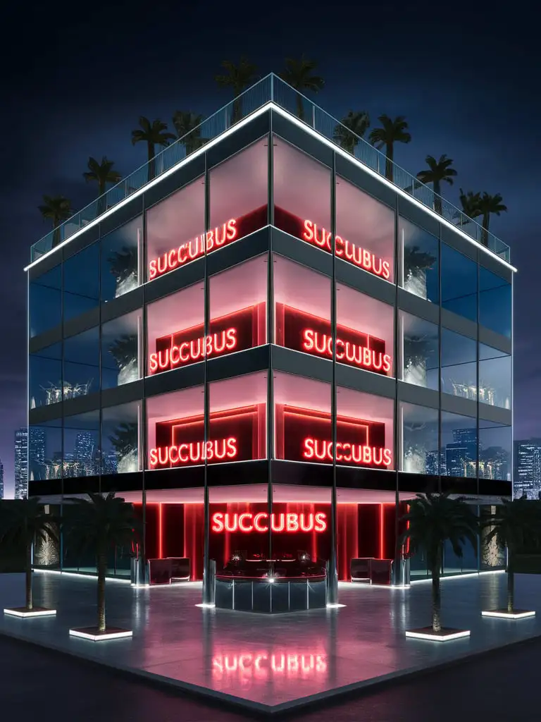 luxury nightclub exterior, at night, modern, glass, 4 floors, name "Succubus" in red neon lettering