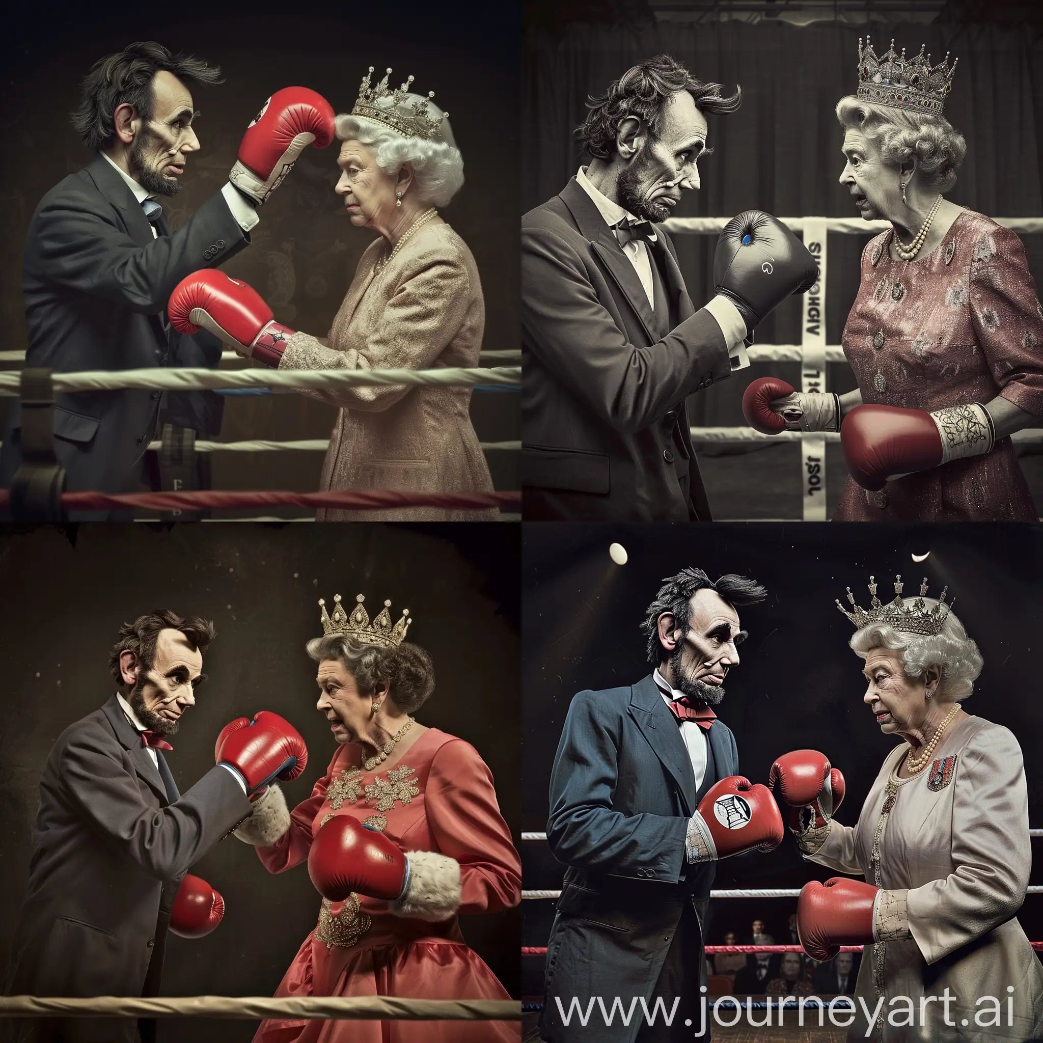 realistic photograph of Abraham Lincoln Fighting Queen Elizabeth 2 of the United Kingdom in a boxing arena