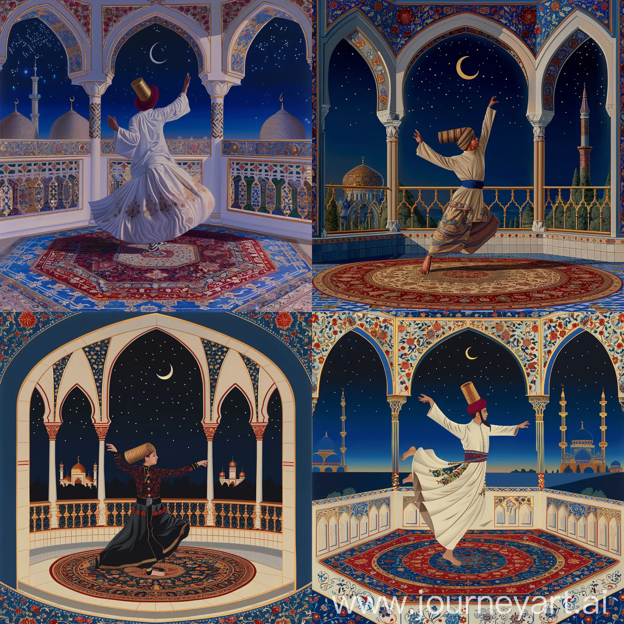A young British dervish wearing cylindrical fez cap performing sufi whirling sema dance on a persian carpet, inside an octagonal balcony having three arches decorated with red blue gold persian floral motifs, serene night sky with a crescent, view of Persian tiled mosque, White blue red golden composition --v 6 --ar 2:3 --sref https://cdn.discordapp.com/attachments/1213041174428782623/1246562622023667812/IMG_20240326_220808.png?ex=665d8029&is=665c2ea9&hm=81116a923e48e05e6dec61f955e335f3545c7d1b684e25425125fecf09b3a8e1& --sw 999 --s 999 --style raw