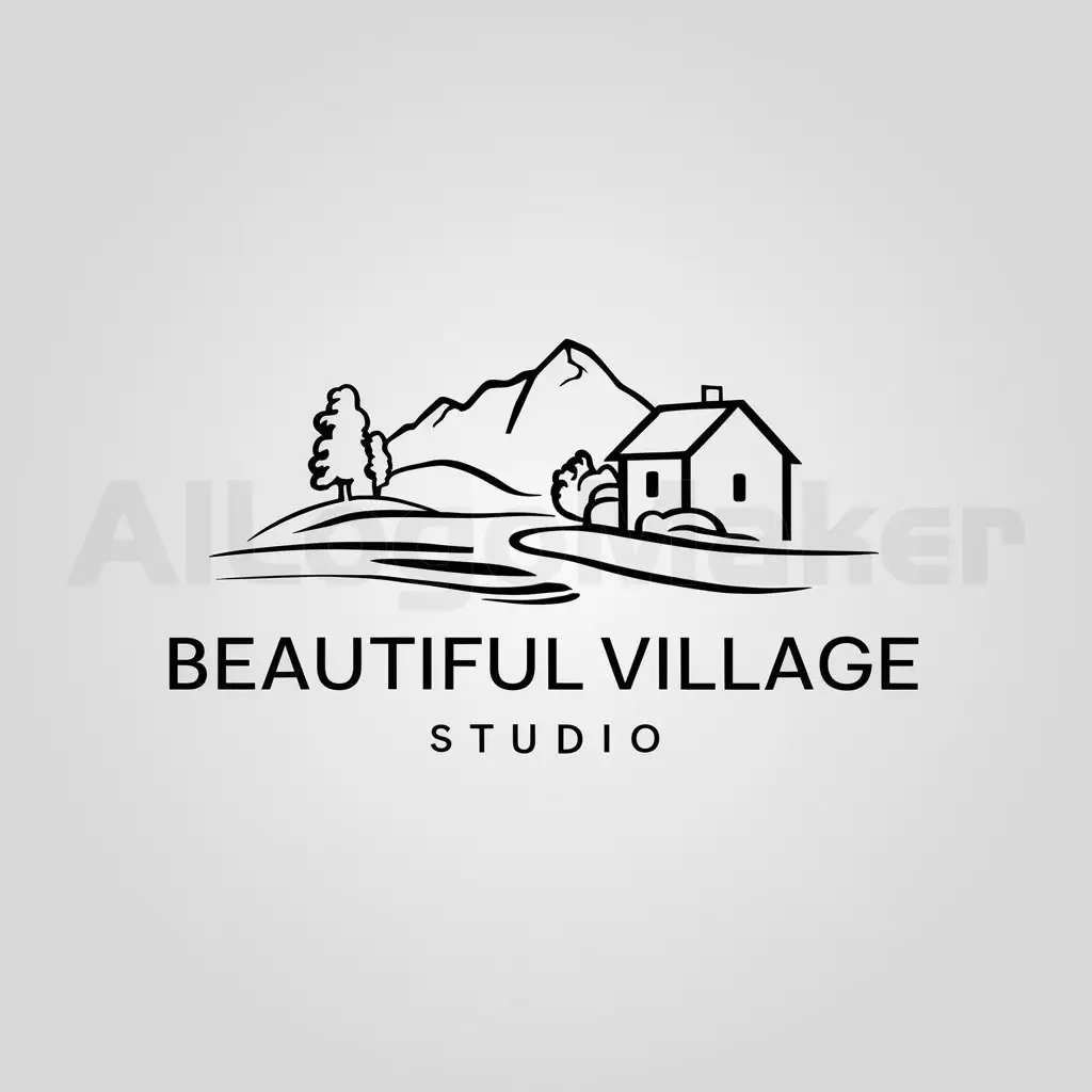 a logo design,with the text "beautiful village studio", main symbol:Beautiful countryside studio; elements are mountain, water, rural house,Minimalistic,clear background