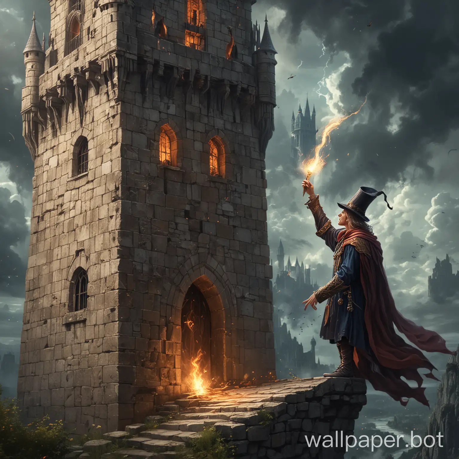 Draw a fantasy magician man who possesses very strong magic, in a tower, to which the king came