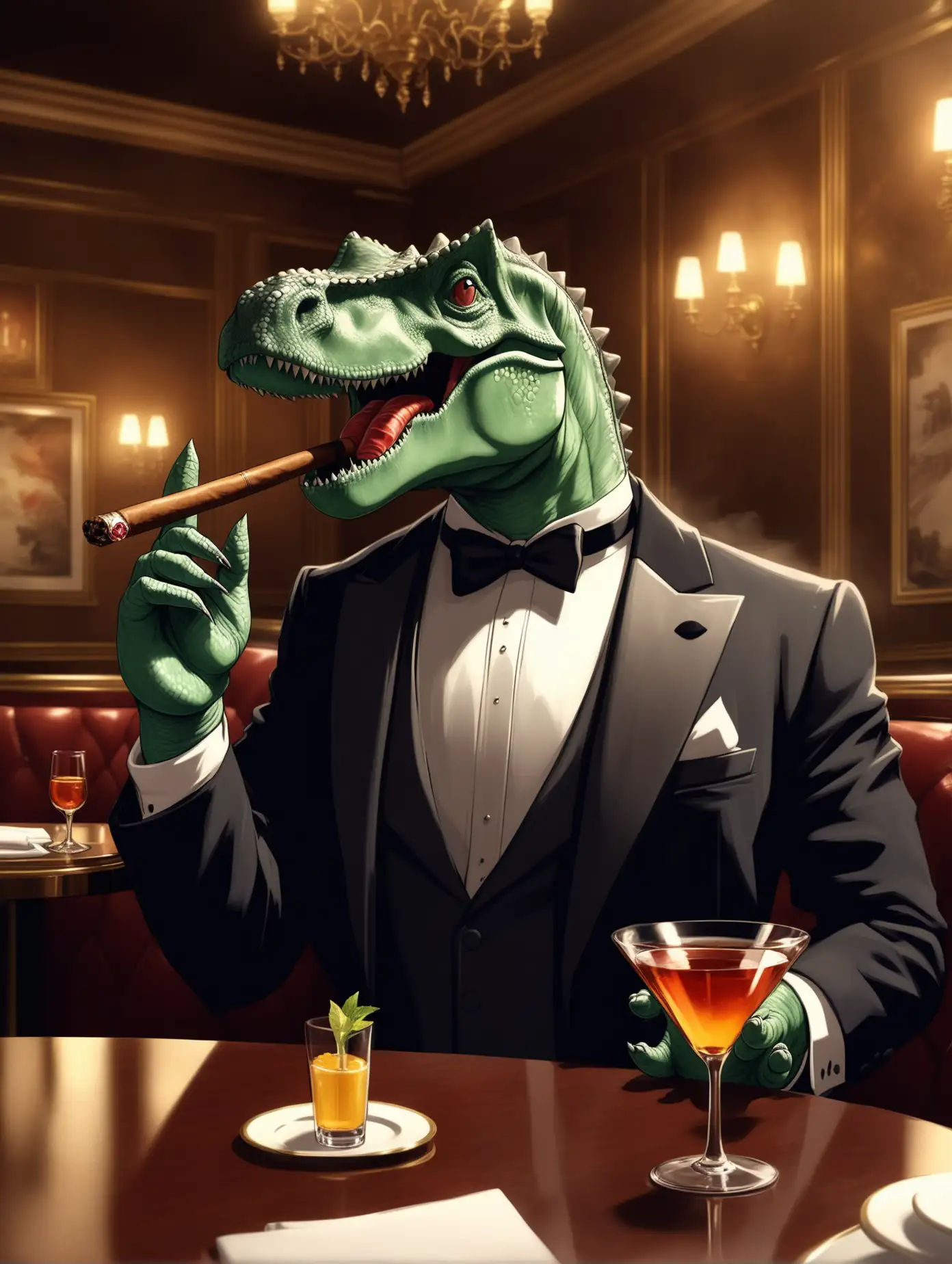 Sophisticated Dinosaur Enjoying a Cigar and Drink in a Stylish Restaurant