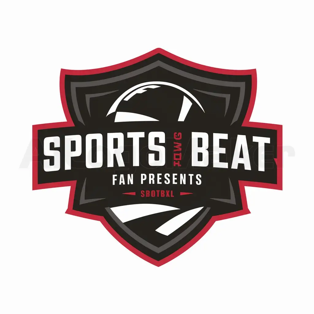 a logo design,with the text "SPORTS BEAT FAN PRESESNTS", main symbol:Dark living with red edges because of which visible football and other elements of sports events in aggressive style, and on the shield strict inscription logo name,Moderate,be used in Stavki na sport industry,clear background