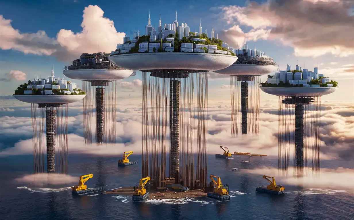 a REALISTIC, Real stunning image of floating sky cities, that is very high in the sky, near clouds, and supported by gravity with very tall straight string like pillars beneath to the ocean, construction in the ocean, with heavy machinery in a sunny day, same exact image as above being constructed. Make them 5 identical