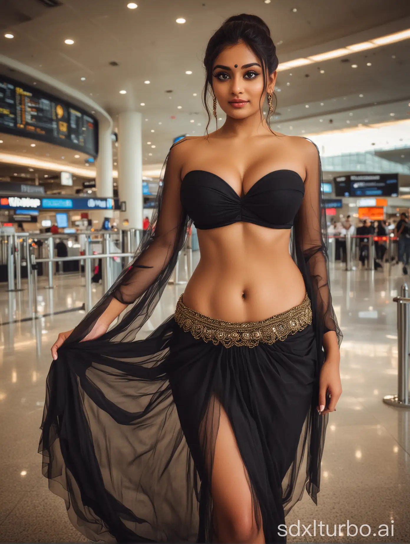 curvy Indian woman standing in the airport with enormous breasts. Hair dressed in a bun, she is wearing a strapless, tight, transparent black lengha suit that highlights her deep V-neck cleavage. She has big eyes, perfect wine-red eyes, a fantastic face and beautiful demeanor. With a plump figure and a voluptuous body, she showcases an incredibly deep V-neck cleavage. Her hair is styled in loose waves. Full-body view from head to knee is visible.