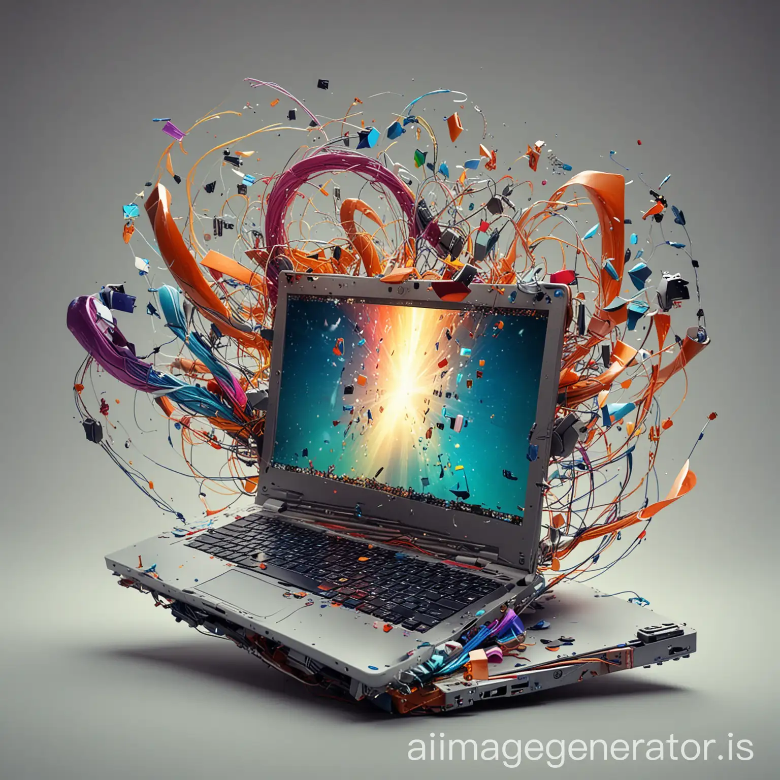 alive laptop, twisting, throwing electronic parts, fantasy, colorful