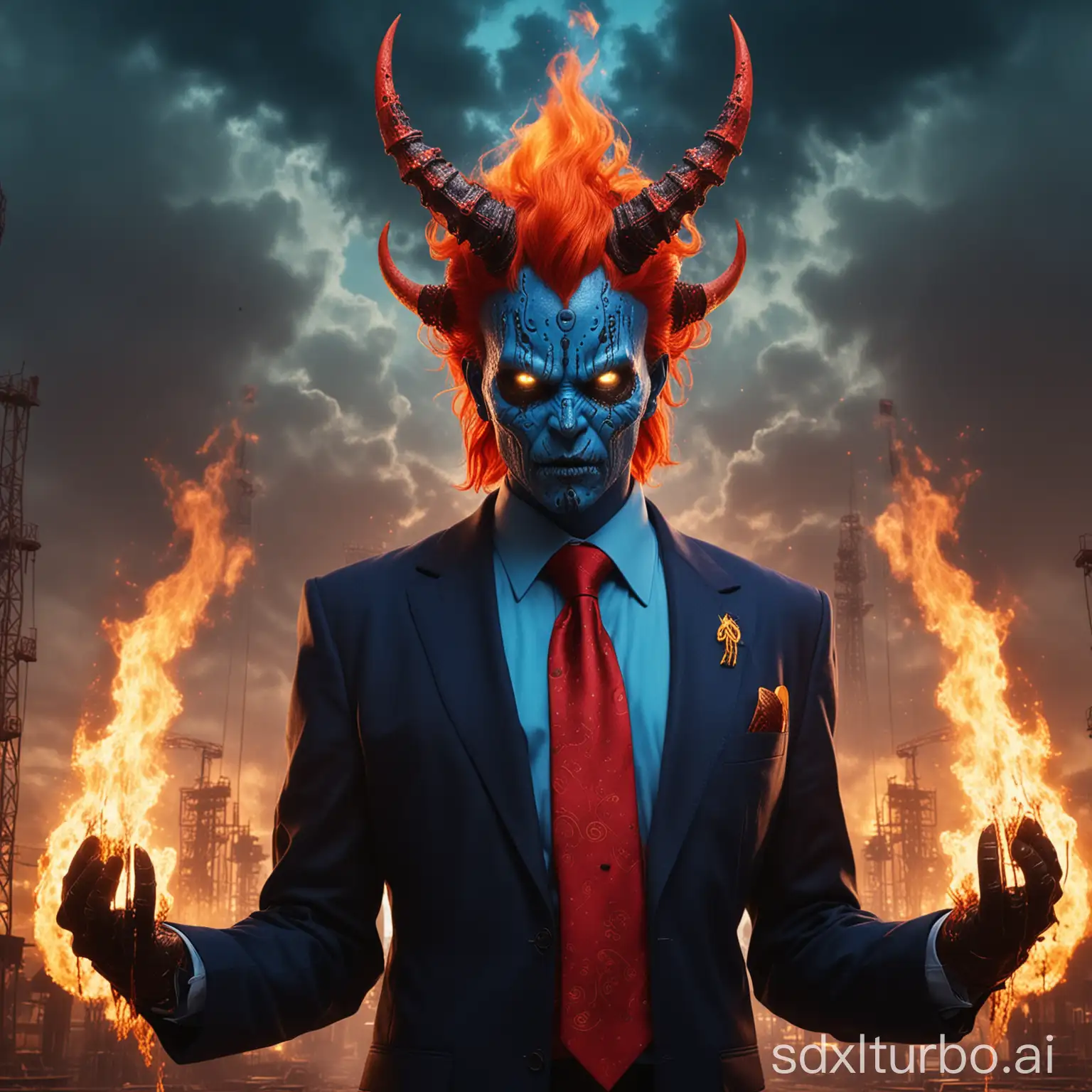 a furious skeletal fire-breathing malicious space demon Kali Purush stands, directly facing the camera, adorned in an intricate black garb and sporting fiery wings. Flames erupt from the hands while menacing horns adorn the head.   the red and yellow lighting.   an evil, greedy oil industry executive with orange hair, wearing a (blue business suit:1.5) and (red tie:1.5) and looks like Donald Trump  (drilling the earth for oil:1.25) causing climate change and bringing fiery devastation to the earth surface.   lightning surrounds the demon Kali Purush intricate details oil drilling towers are seen on the surface planet surface fires well drawn faces