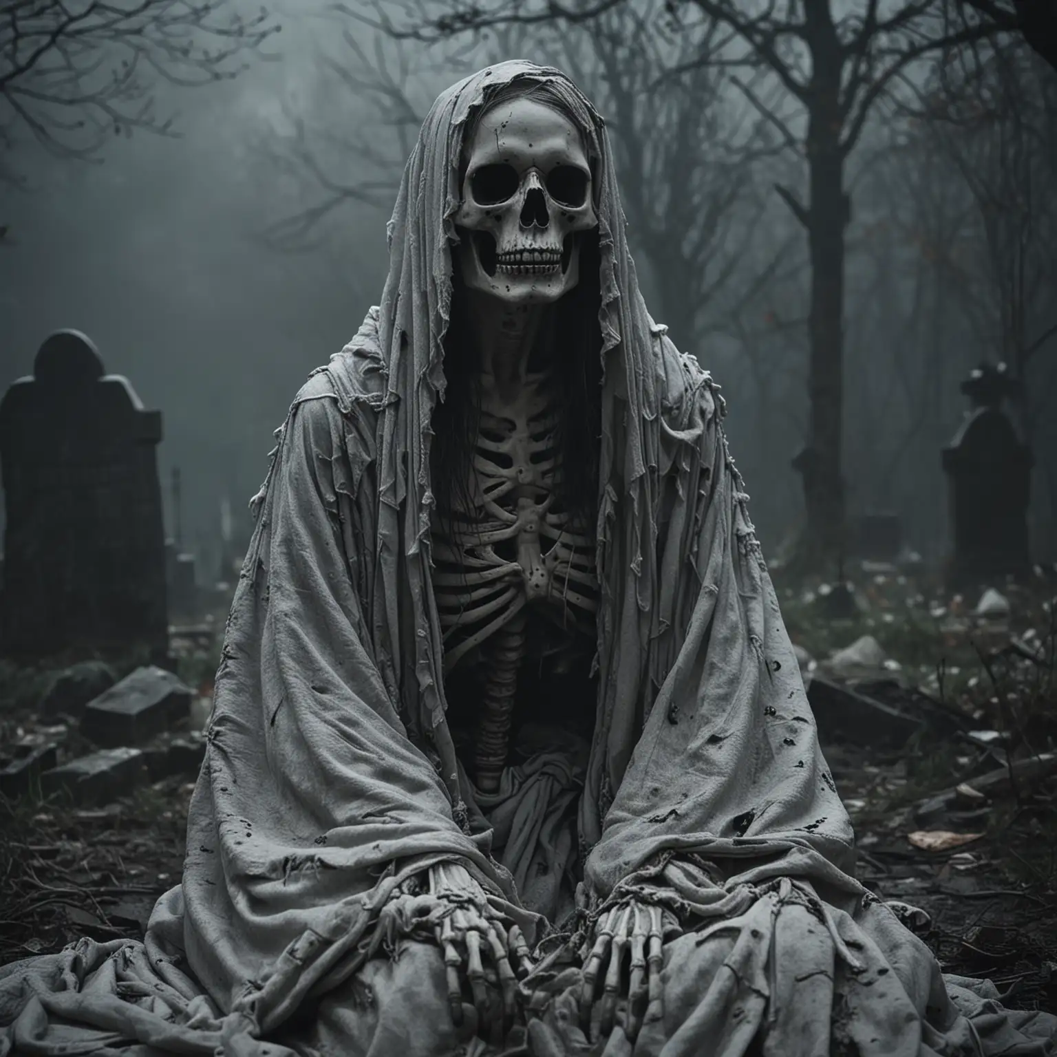 Horror, Gothic, skeleton, slain, torn robe, misty, grave, night, abandoned, creepy, dirty robe, close up
