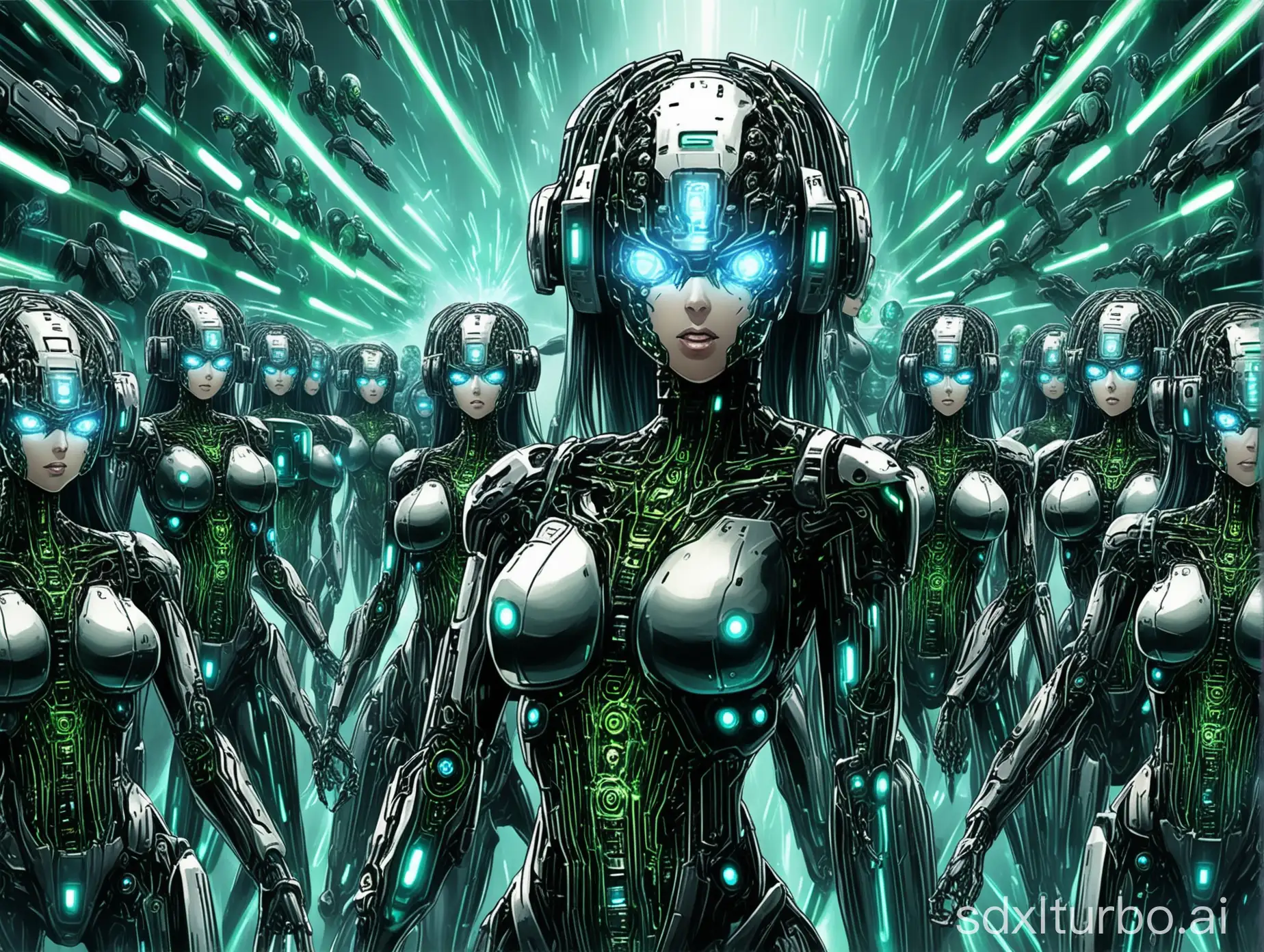 army of serious anime style borg girls, with cybernetic face implants, equipped with energy shields, fighting a battle with futuristic human soldiers