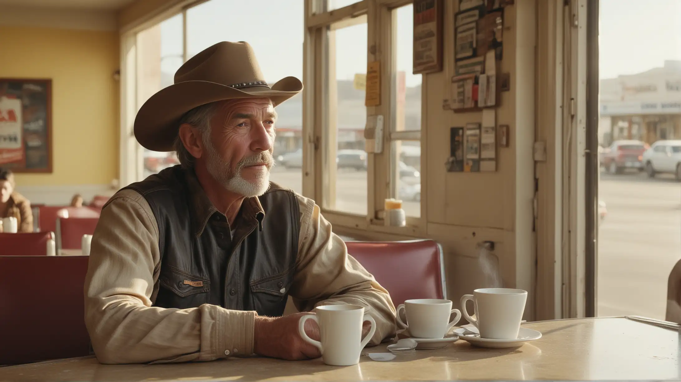 Solitary Cowboy Contemplates Over Breakfast in Busy Diner