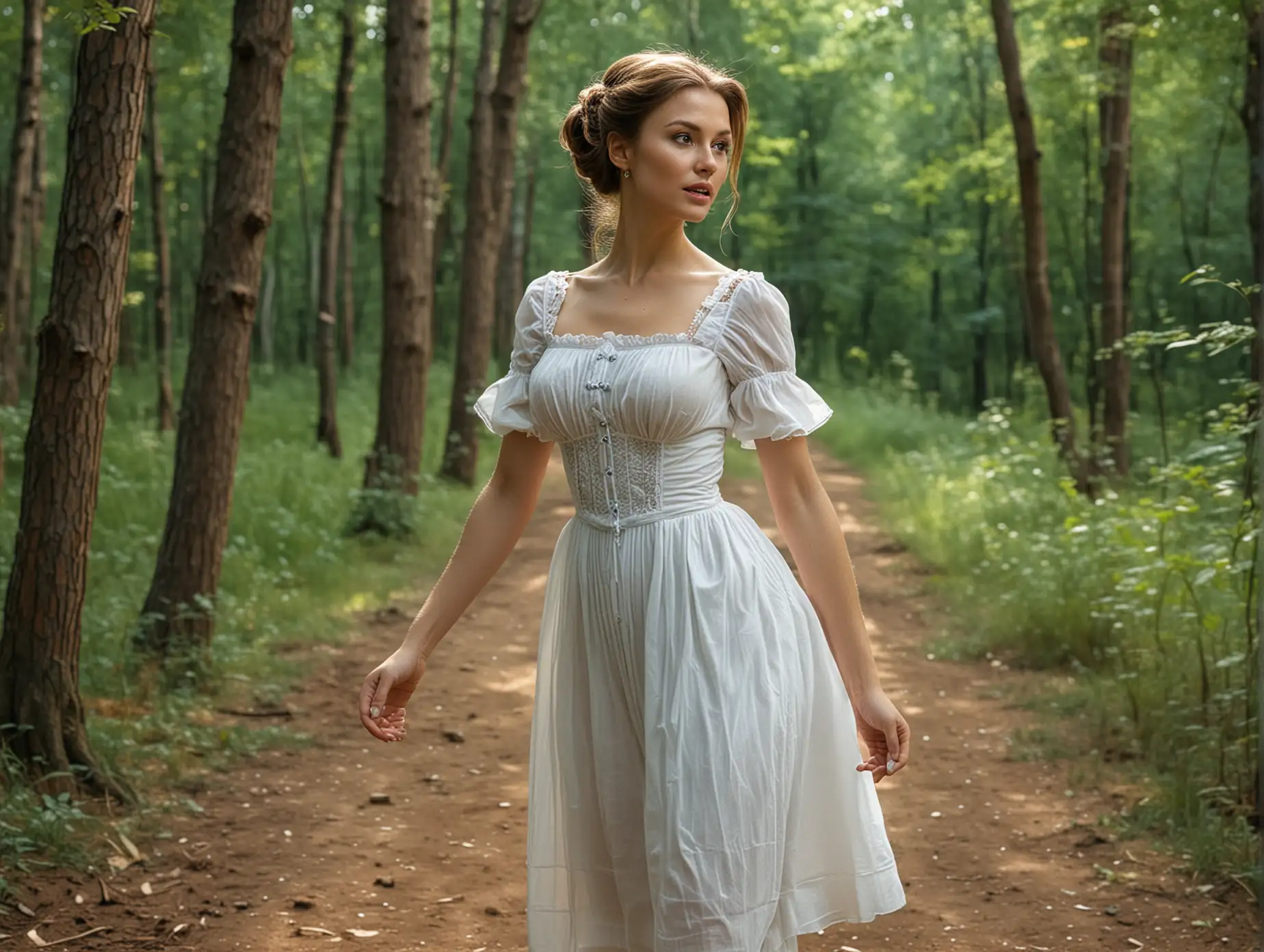 Elegant-19th-Century-Russian-Woman-Strolling-in-Summer-Forest-with-Friend