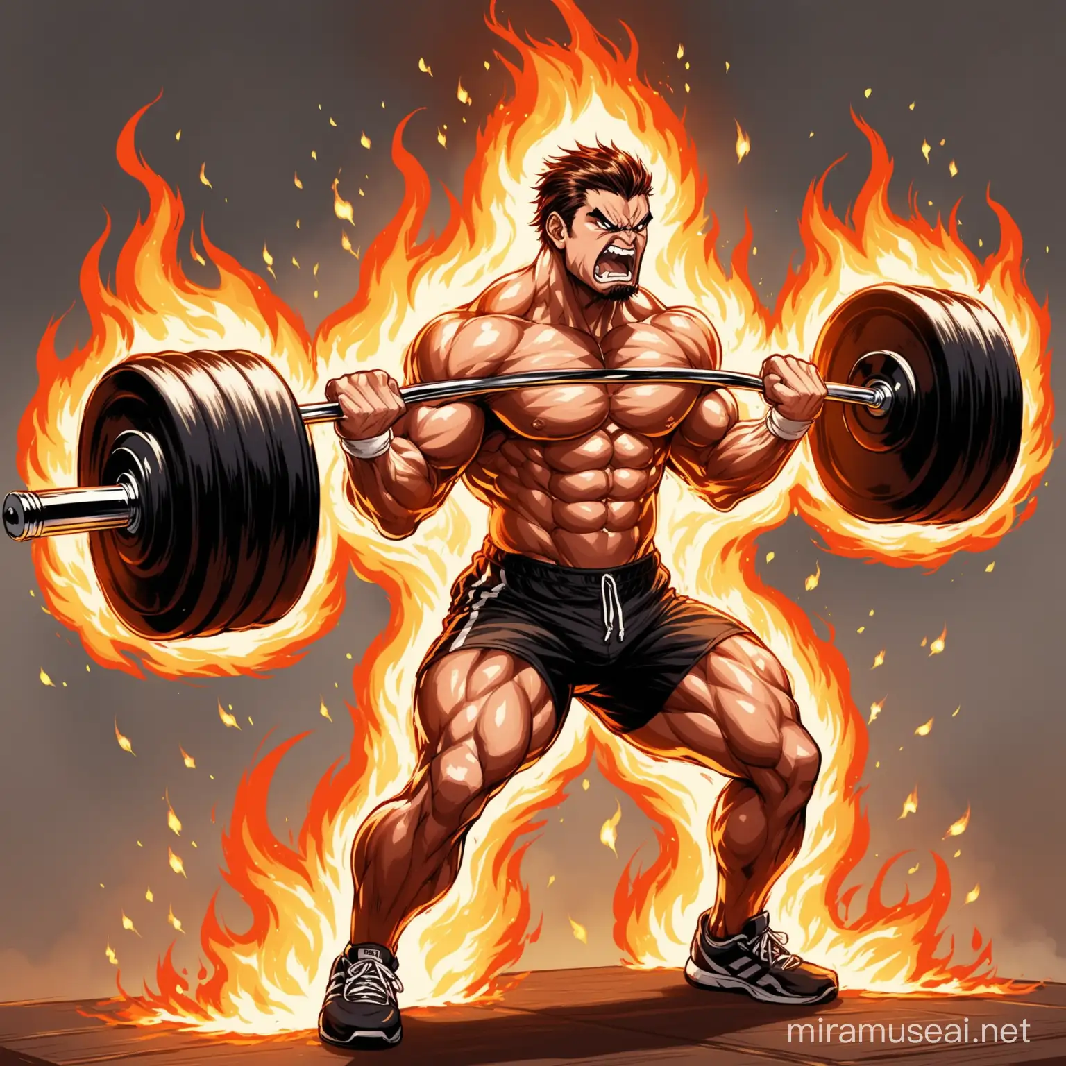A angry masculine man with burni g desire
 lifting weights or exercising, symbolizing the process of building strength and overcoming physical weaknesses through effort and determination.