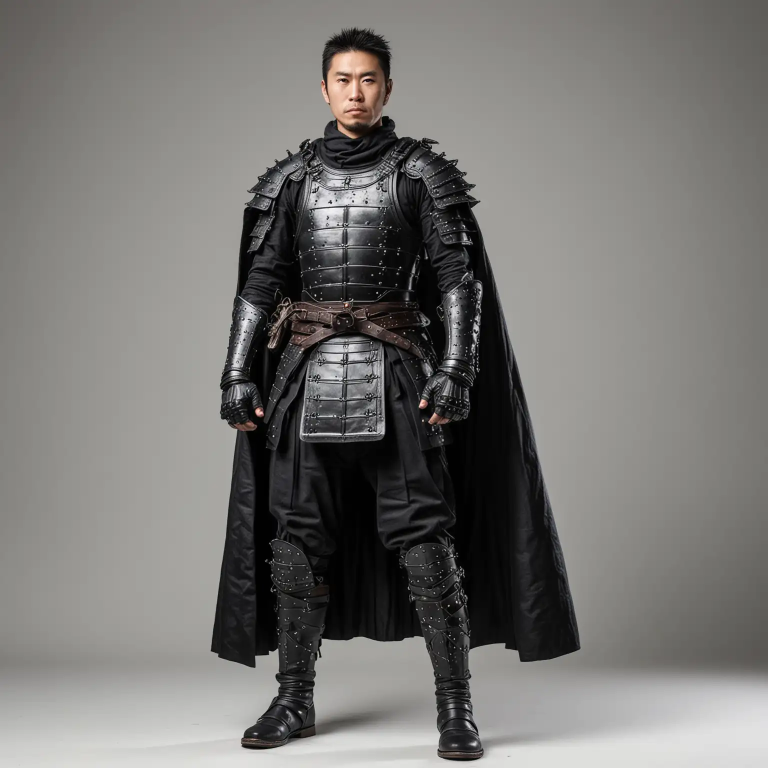 Standing full body view, looking to the right, Strong heroic Japanese man in black  samurai-knight armor,black cape, black boots, boots,  white background