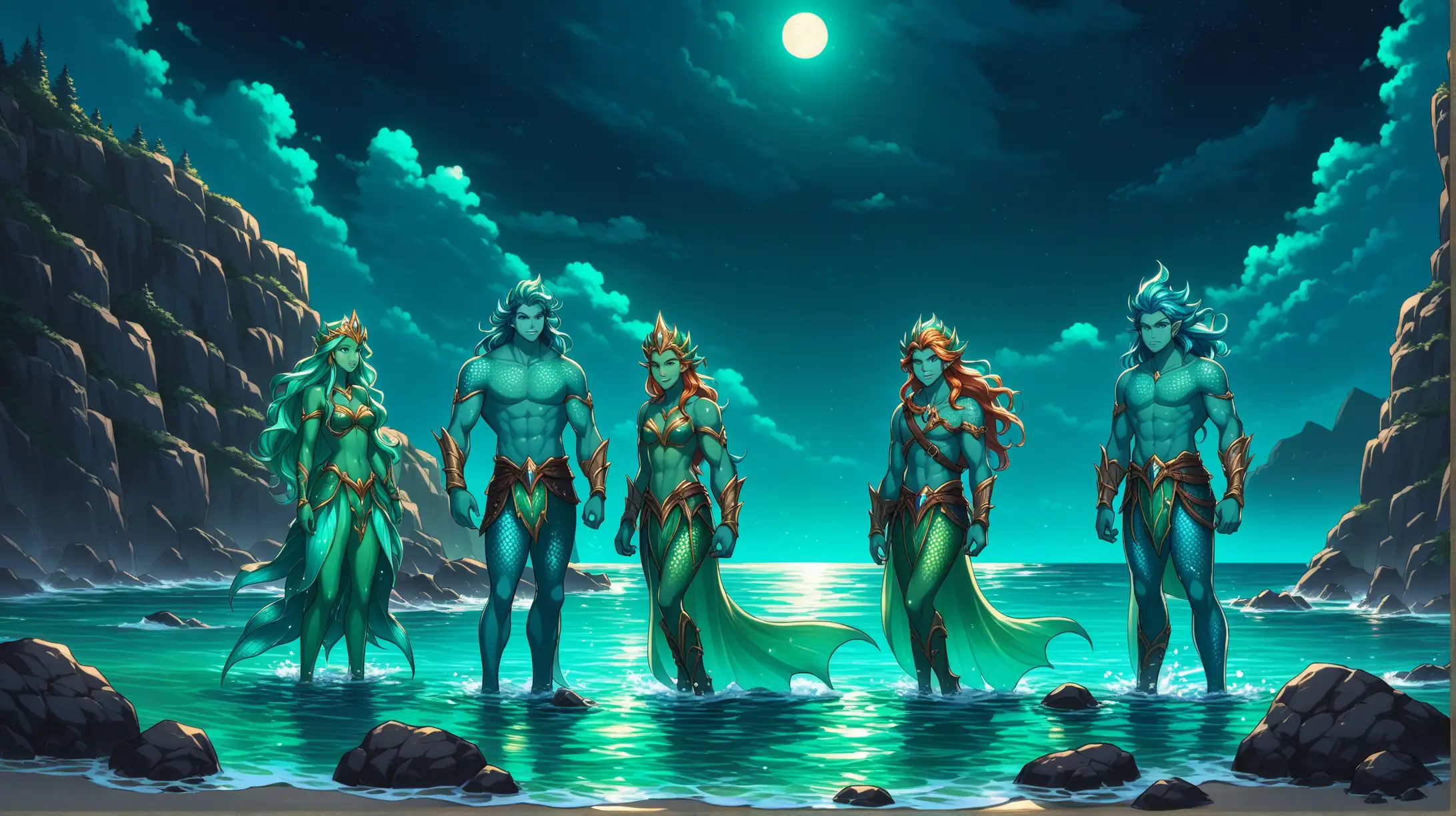 triton merfolk males, triton merfolk females, blue green skin, rocky beach, night, Medieval fantasy