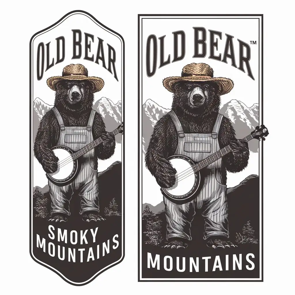 LOGO-Design-For-Old-Bear-Smoky-Mountains-Rustic-Charm-with-BanjoPlaying-Bear-in-Overalls
