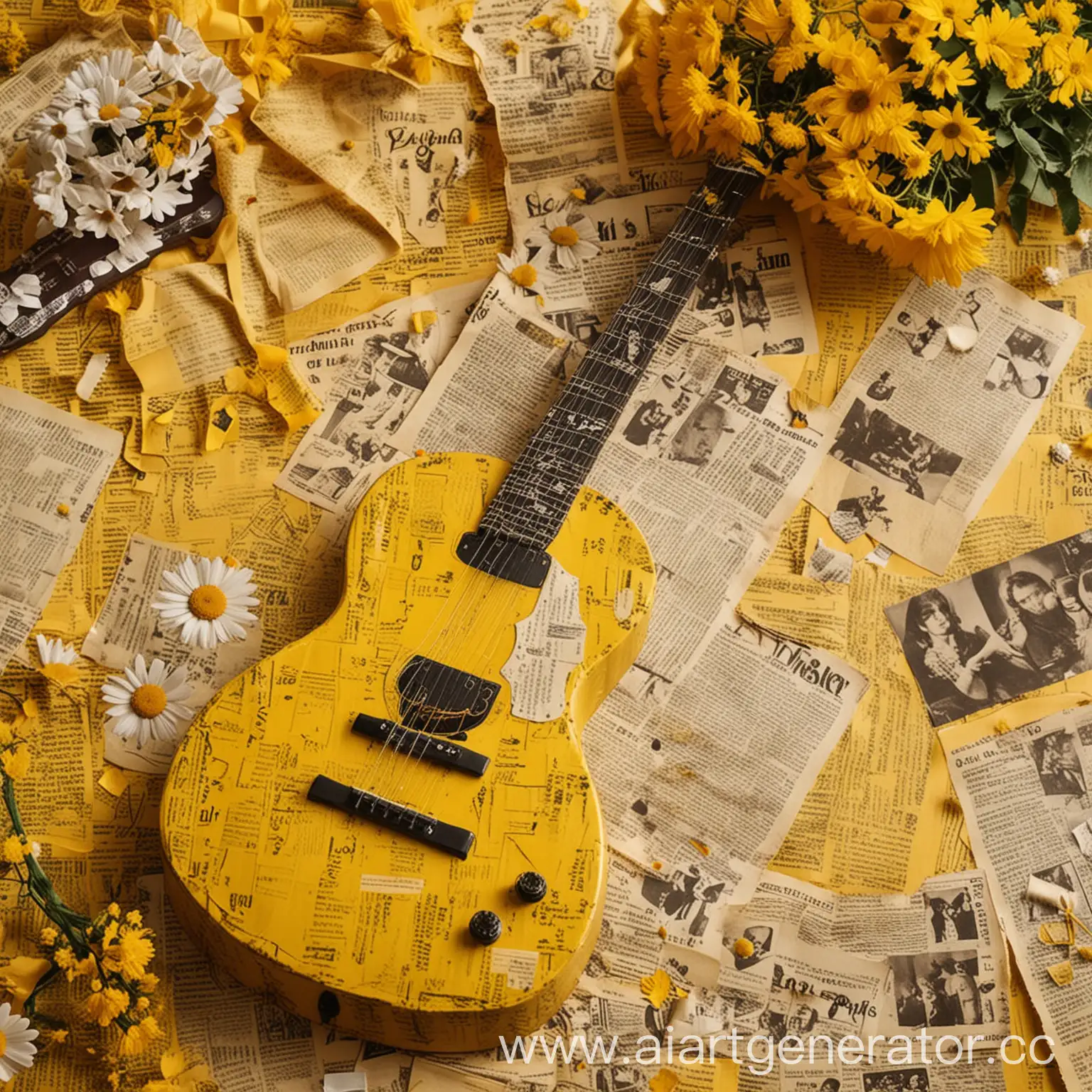 Yellow-Background-with-Gilded-Newspaper-Clippings-and-Guitar-Amidst-Daisy-and-Mimosa-Blooms