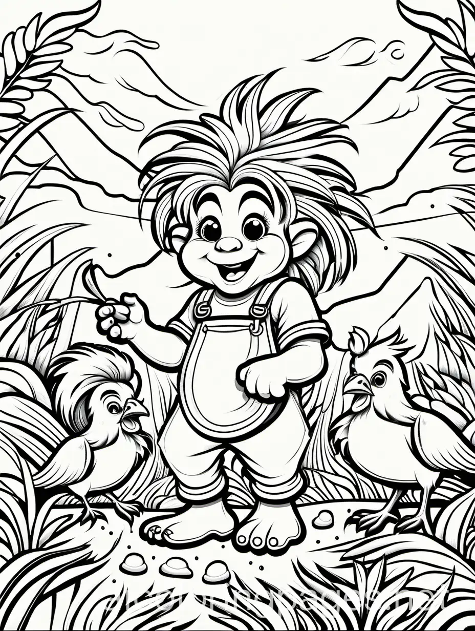 happy troll feeding chickens, crazy hair, colouring page, infant, thick lines, ample white space., Coloring Page, black and white, line art, white background, Simplicity, Ample White Space