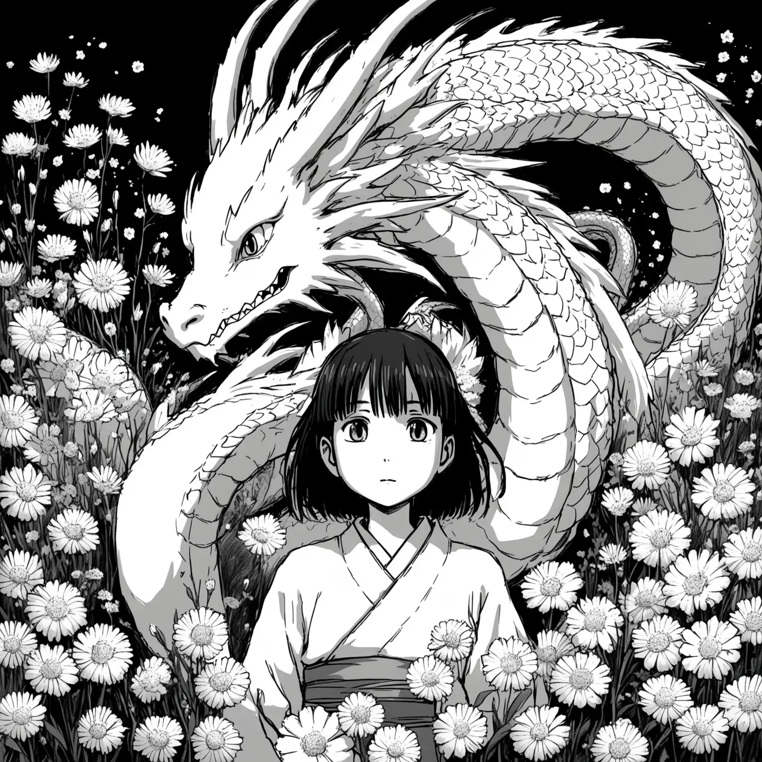 Mystical Dragon Inspired by Haku from Spirited Away amidst Black and White Flora