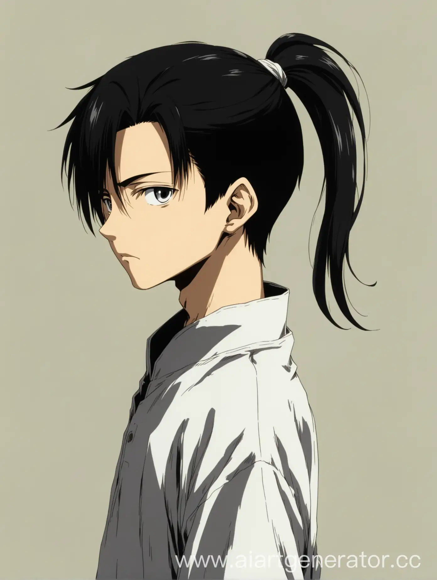 молодой и красивый аниме парень примерно 16 лет в полный рост, с белыми волосами завязанными в хвостик сзади, на висках и затылке виднеются очень выбритые короткие черные волосы