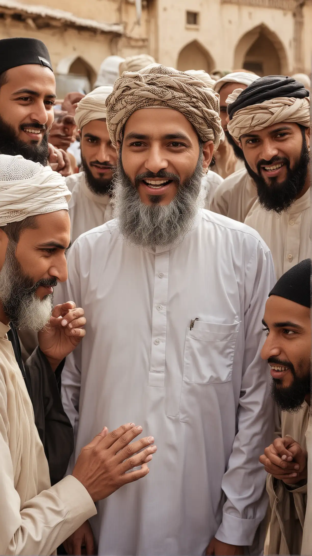 a Muslim man with beard talking with group of muslim man