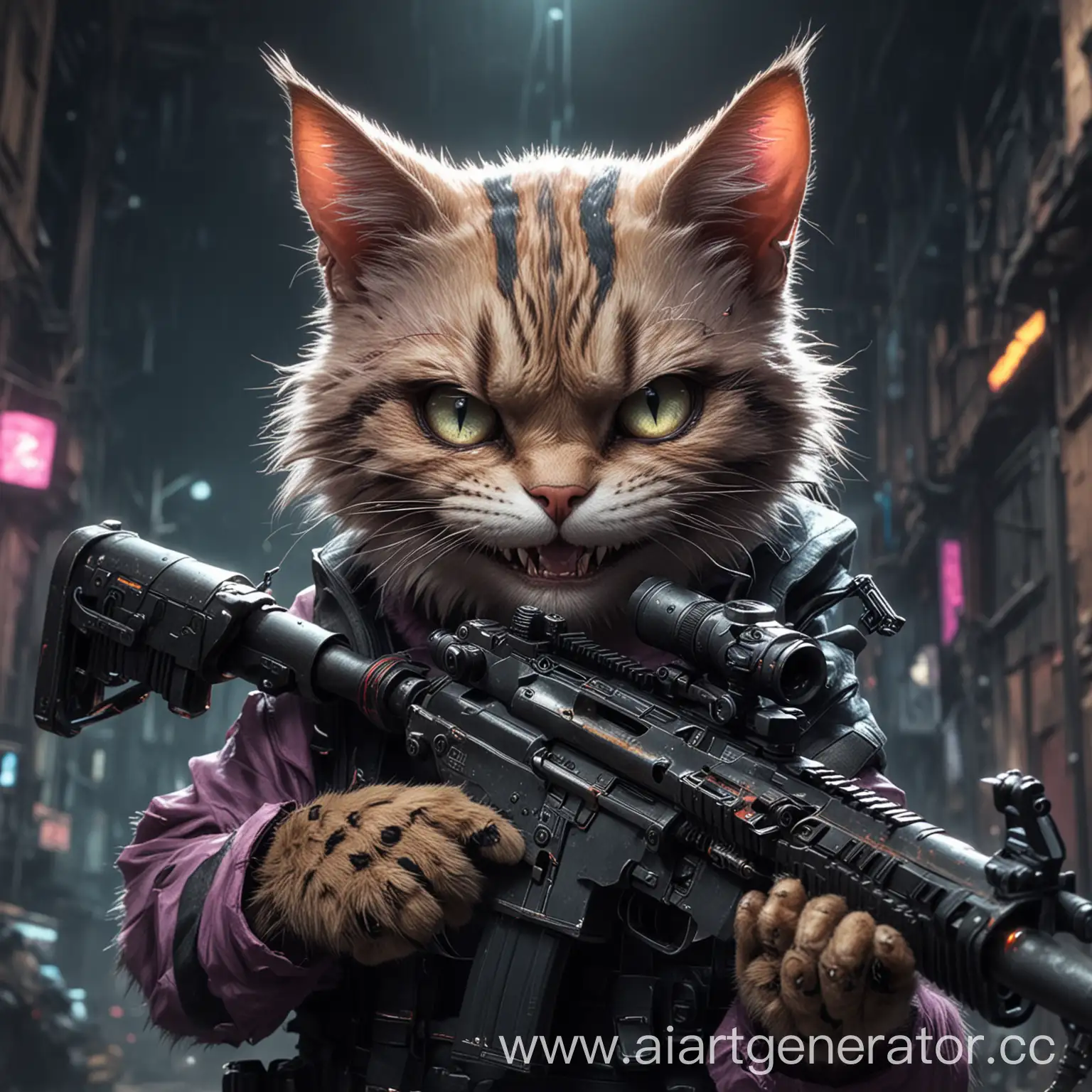 кот со снайперской винтовкой мулятяшный и злой улыбка как у чиширского кота киберпанк