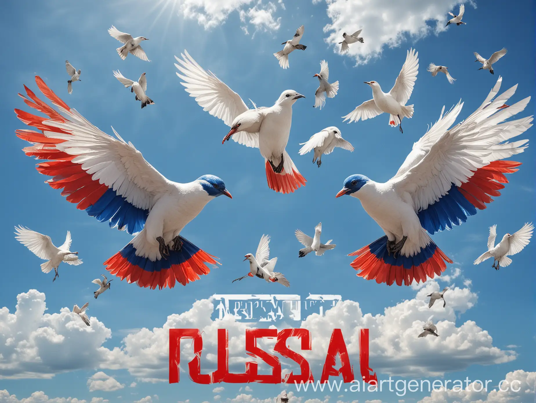 Постер ко Дню россии 12 июня, на фоне голубого неба, триколор и белые птицы