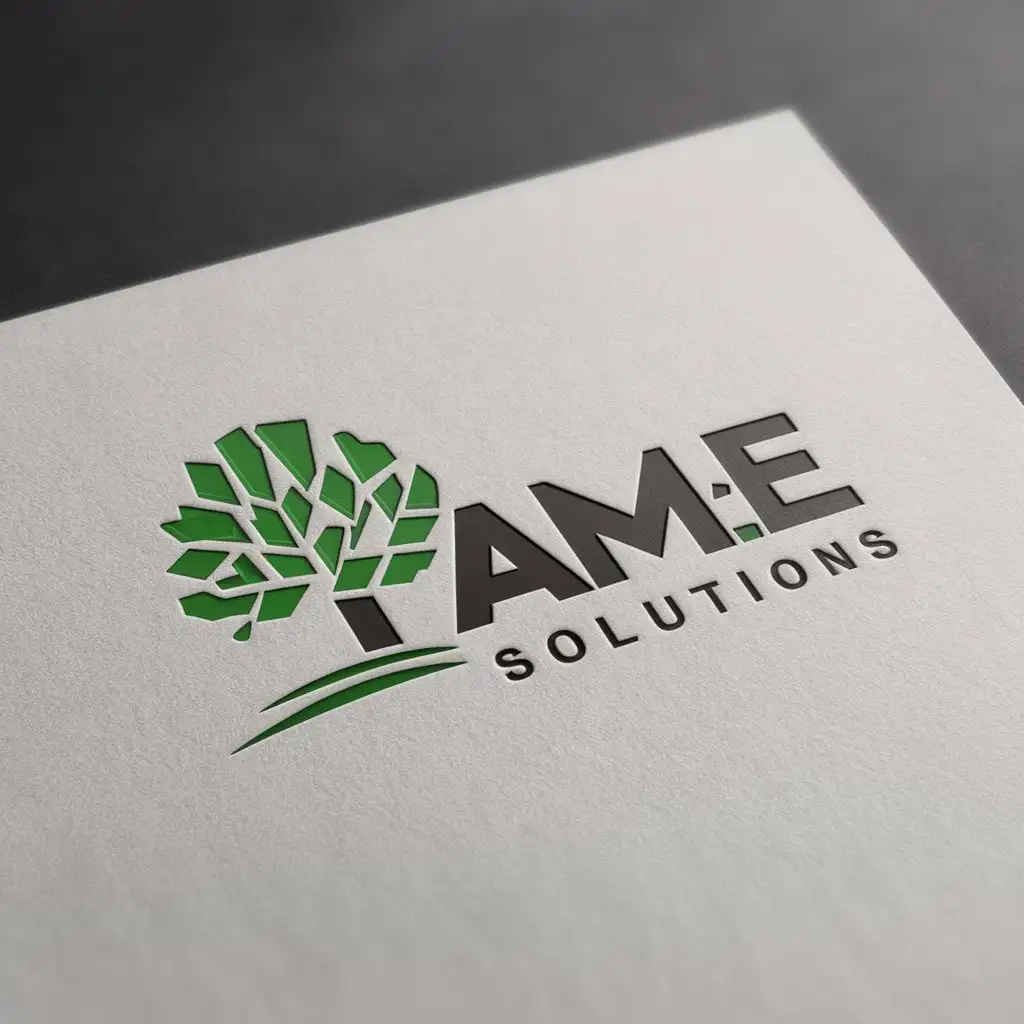 a logo design,with the text "A.M.E Solutions", main symbol:this logo should include landscaping or a nature theme. colors green, black, and white. must be logo on a white paper mockup,Moderate,clear background