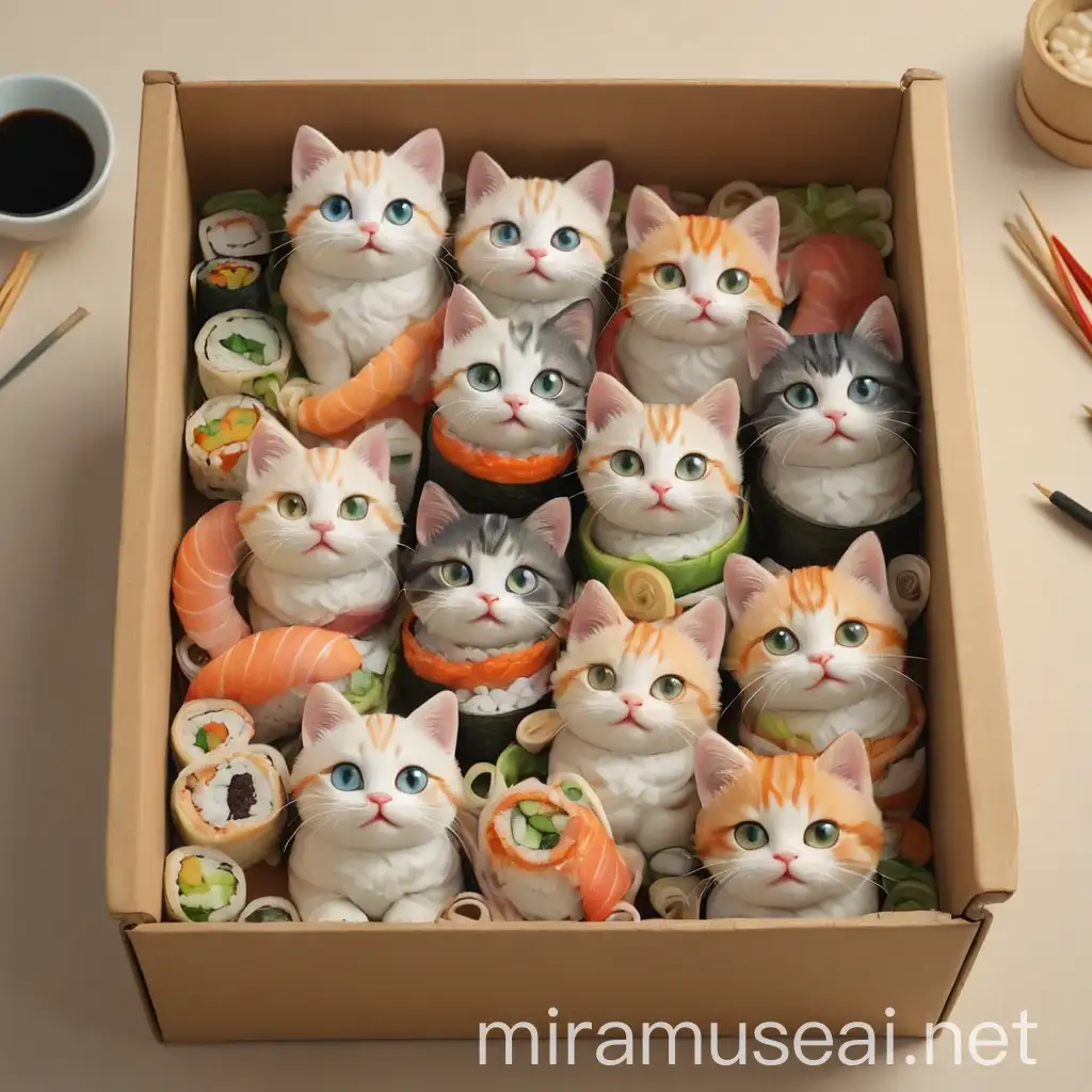 Draw a few sushi kittens in a box the cats resemble sushi in appearance sushi, art, fantasy and creative artwork.